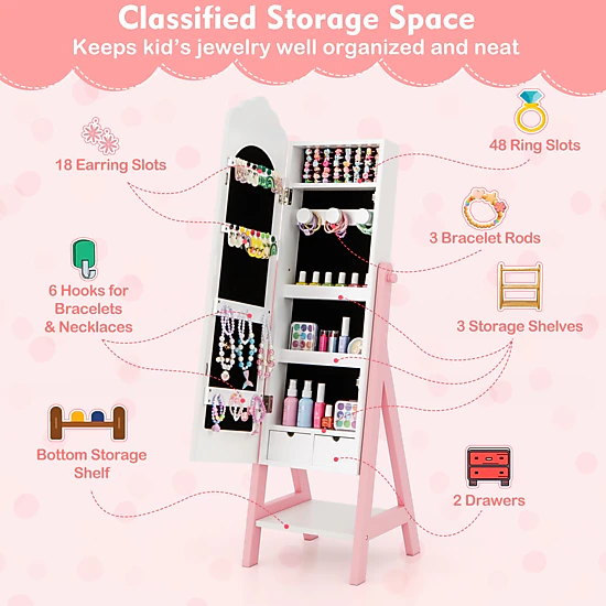 SUGIFT Kids Jewelry Organizer with Full-Length 26 x 7.5 in Mirror Cabinet Drawers and Storage Shelves Pink White