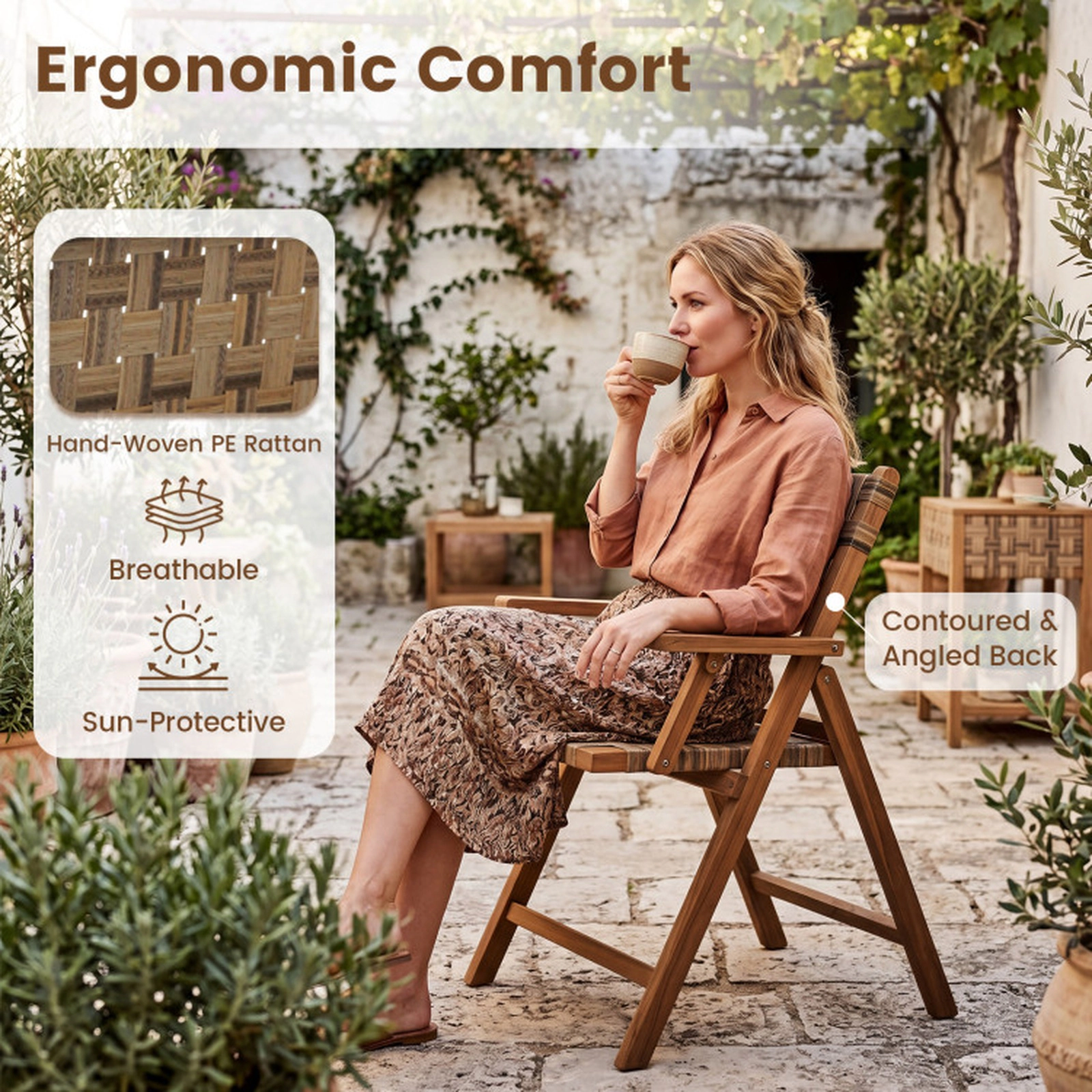 SUGIFT Teak Folding Chairs Set of 2 with Hand-Woven Mix Brown Rattan 400-lb Capacity Contoured Back