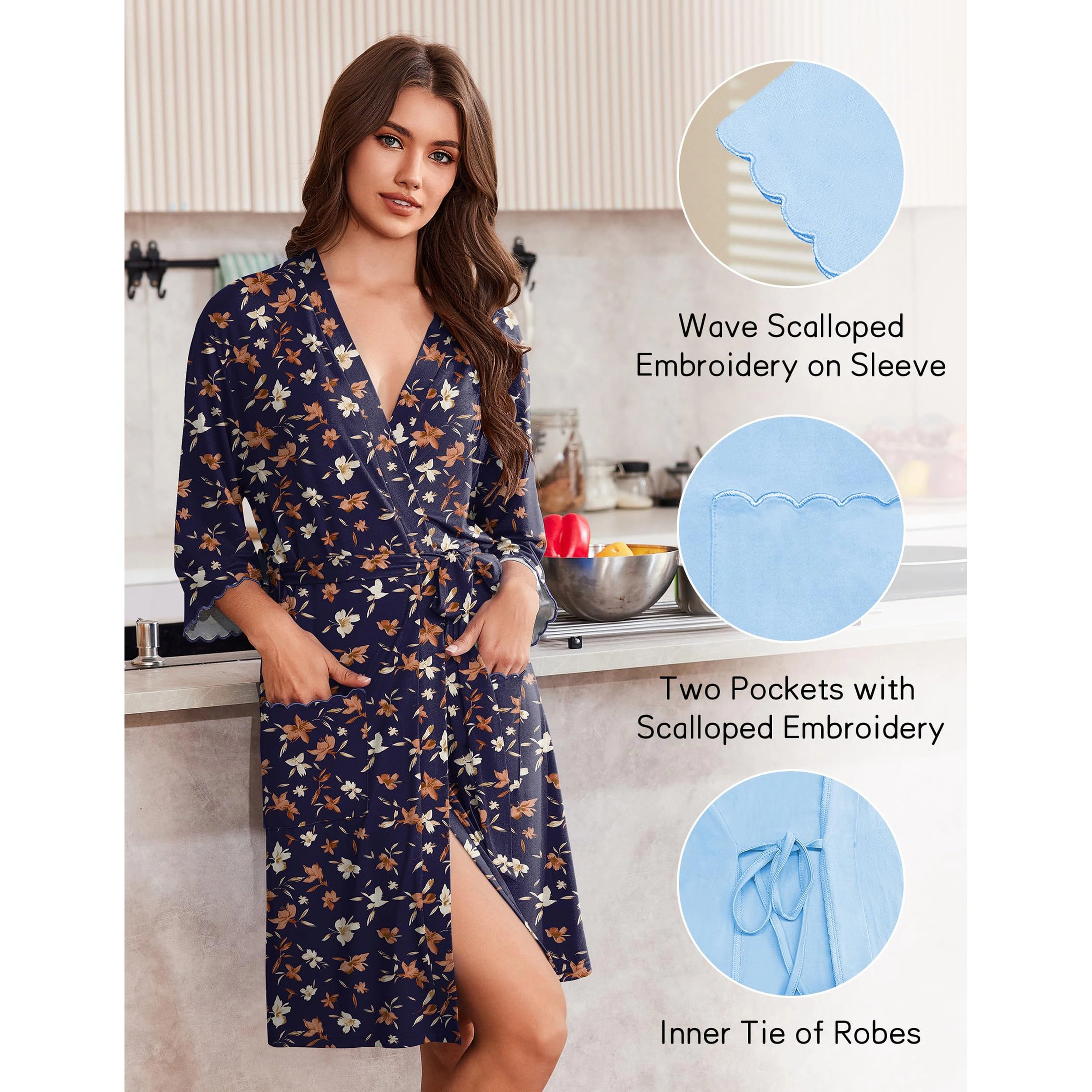 Ekouaer Robes for Women Knee Length Kimono Bathrobe Lightweight 3/4 Sleeve Sleepwear soft