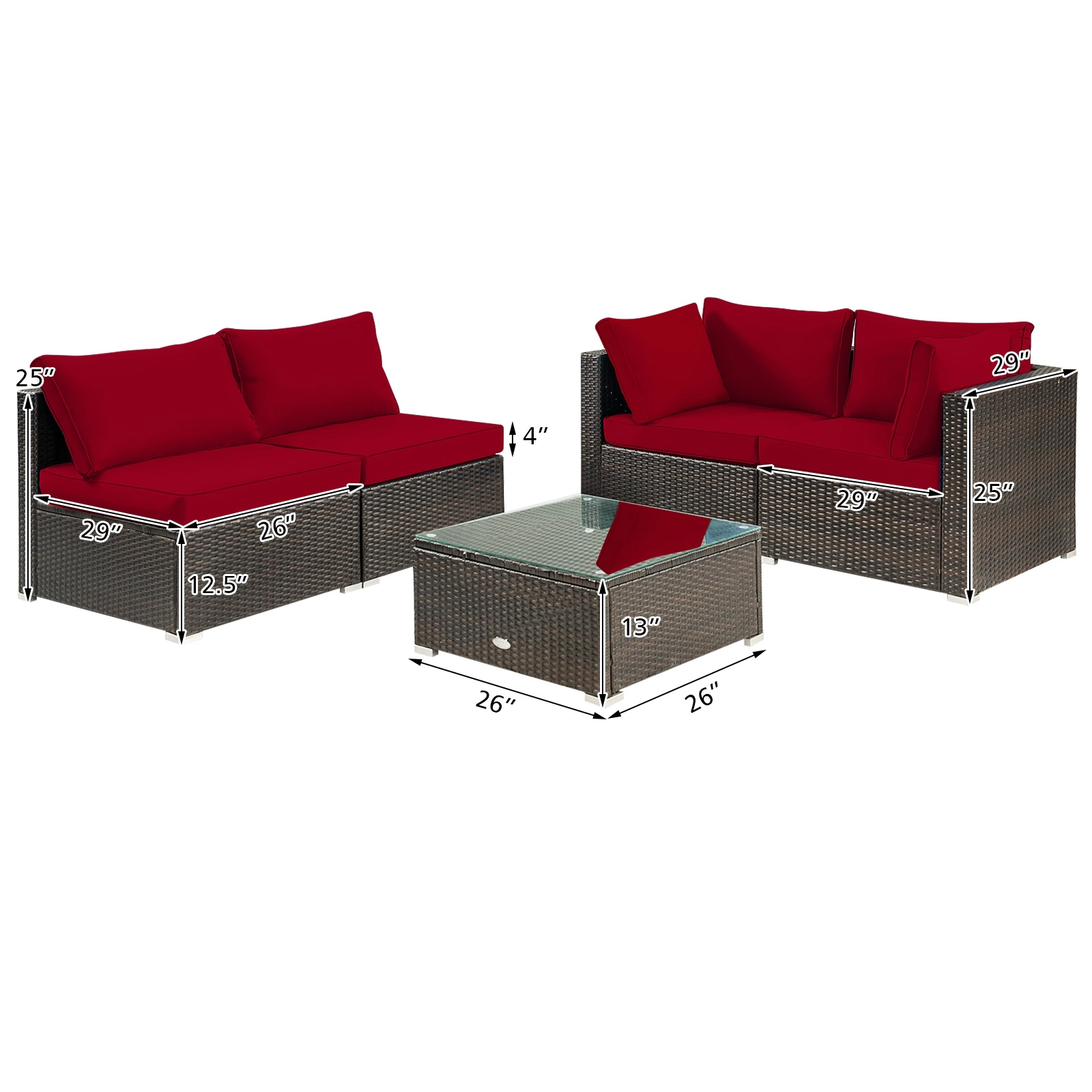 SUGIFT 5-Piece Red PE Rattan Patio Sectional Set with Glass Table