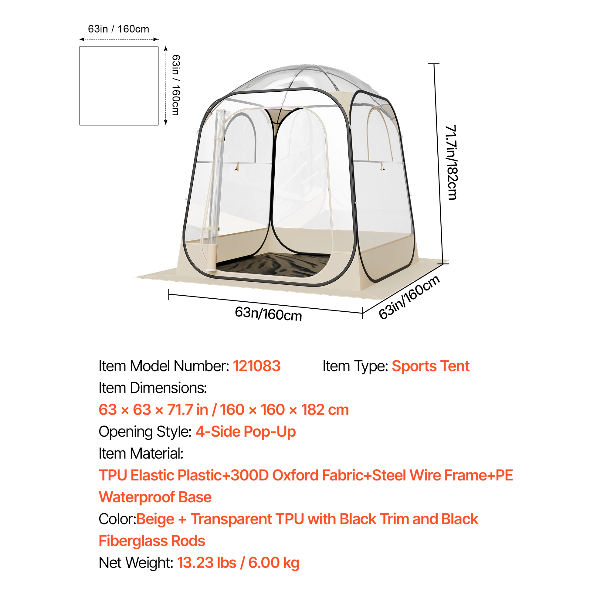 HONGGE Pop up Sports Tent Clear Bubble Tent for Waterproof Outdoor Pod with Floor Mat & Top Cover Garden Igloo Dome