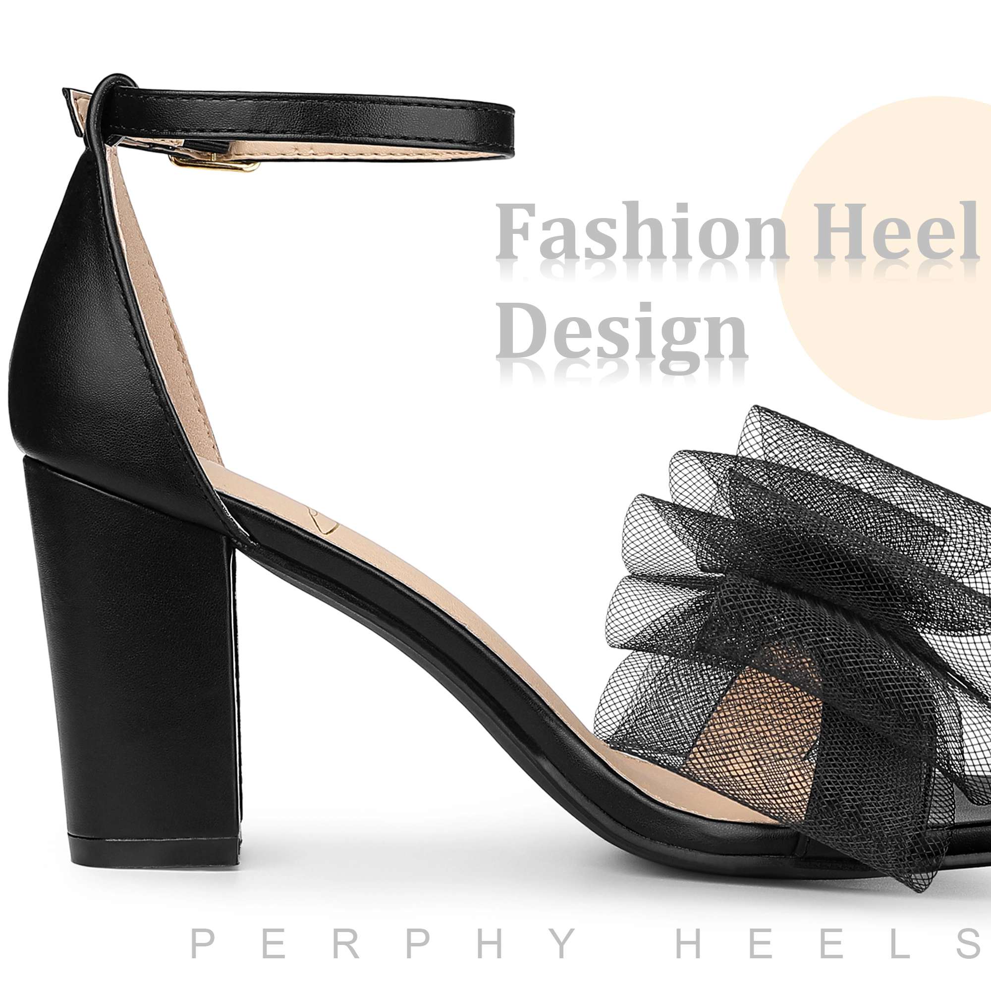 BLISSFUL STEP Women Faux Leather Bow Tie Ankle Strap Chunky High Heels Sandals