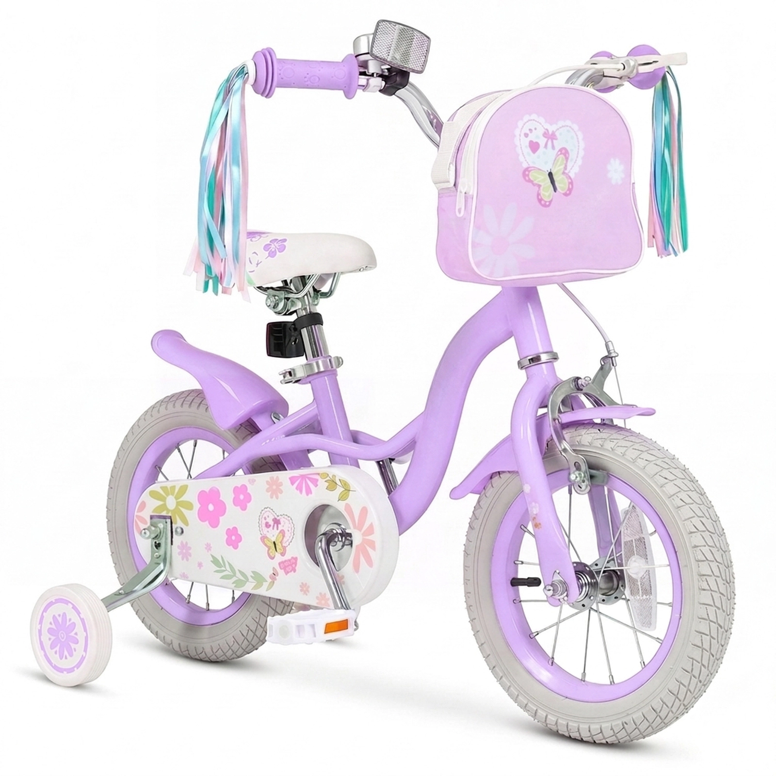 SUGIFT Adjustable 12-Inch Girls Bike with Front Bag, Streamers and Training Wheels 110-lb Seat Capacity Ages 3-4 Purple