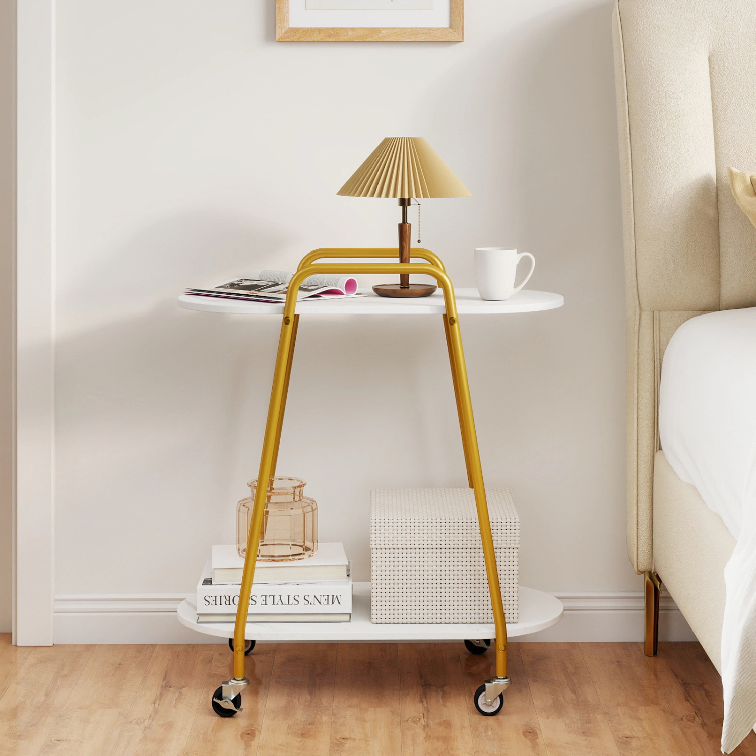 LJG 2-Tier Rolling End Table with Faux Marble Surfaces for Small Spaces