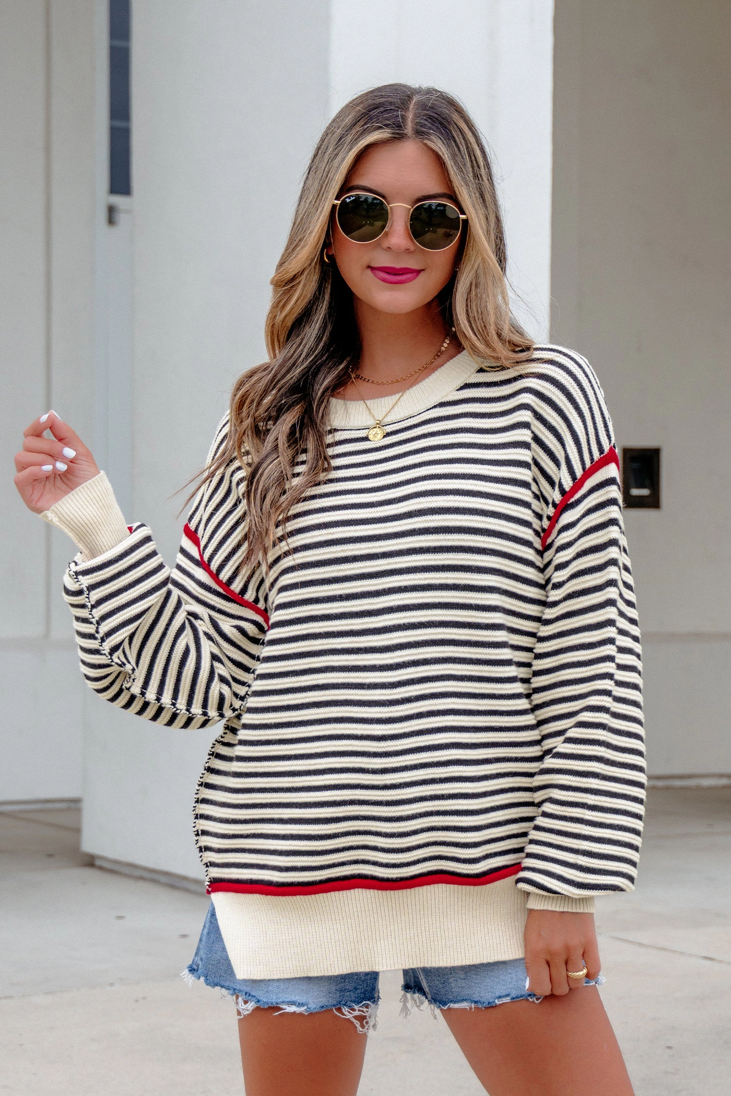 19092 Threaded Pear Hazel Drop Shoulder Oversized Sweater - Black Stripe