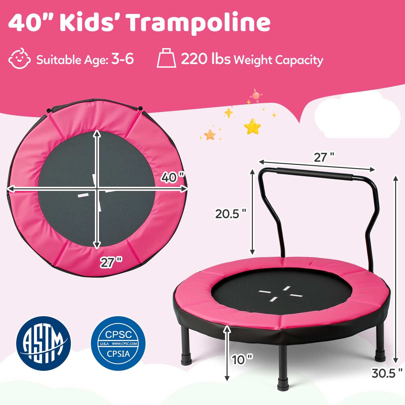 40-in Small Trampoline Kids Removable Foam Handlebar Ages 3-6 Indoor Outdoor Fitness Rebounder Pink Kids Trampoline