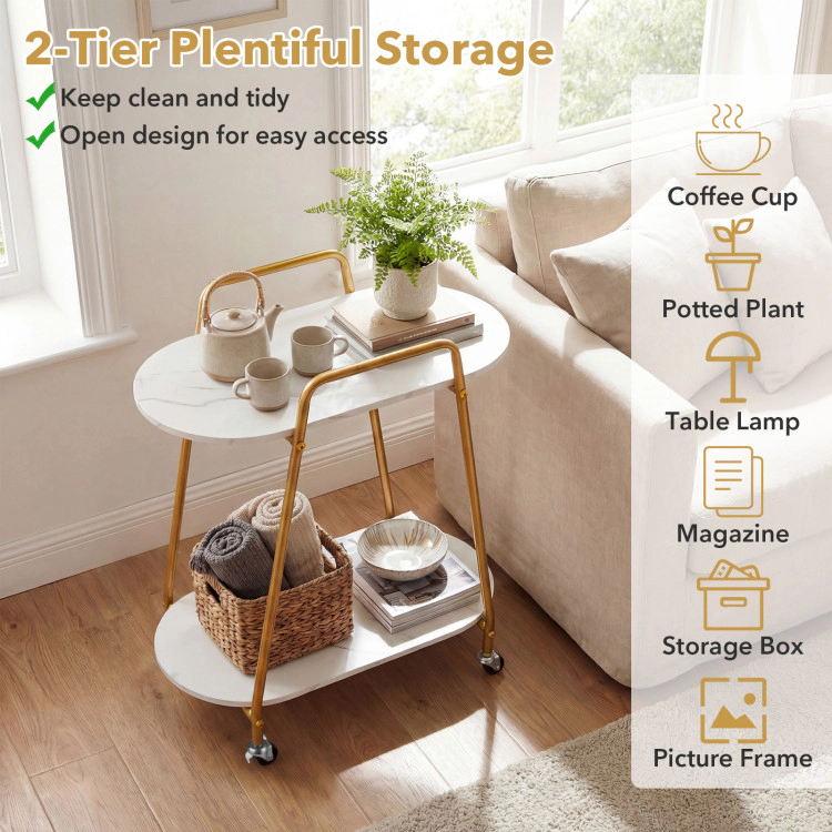 Hivvago 2-Tier Rolling End Table With Faux Marble Surfaces For Small Spaces