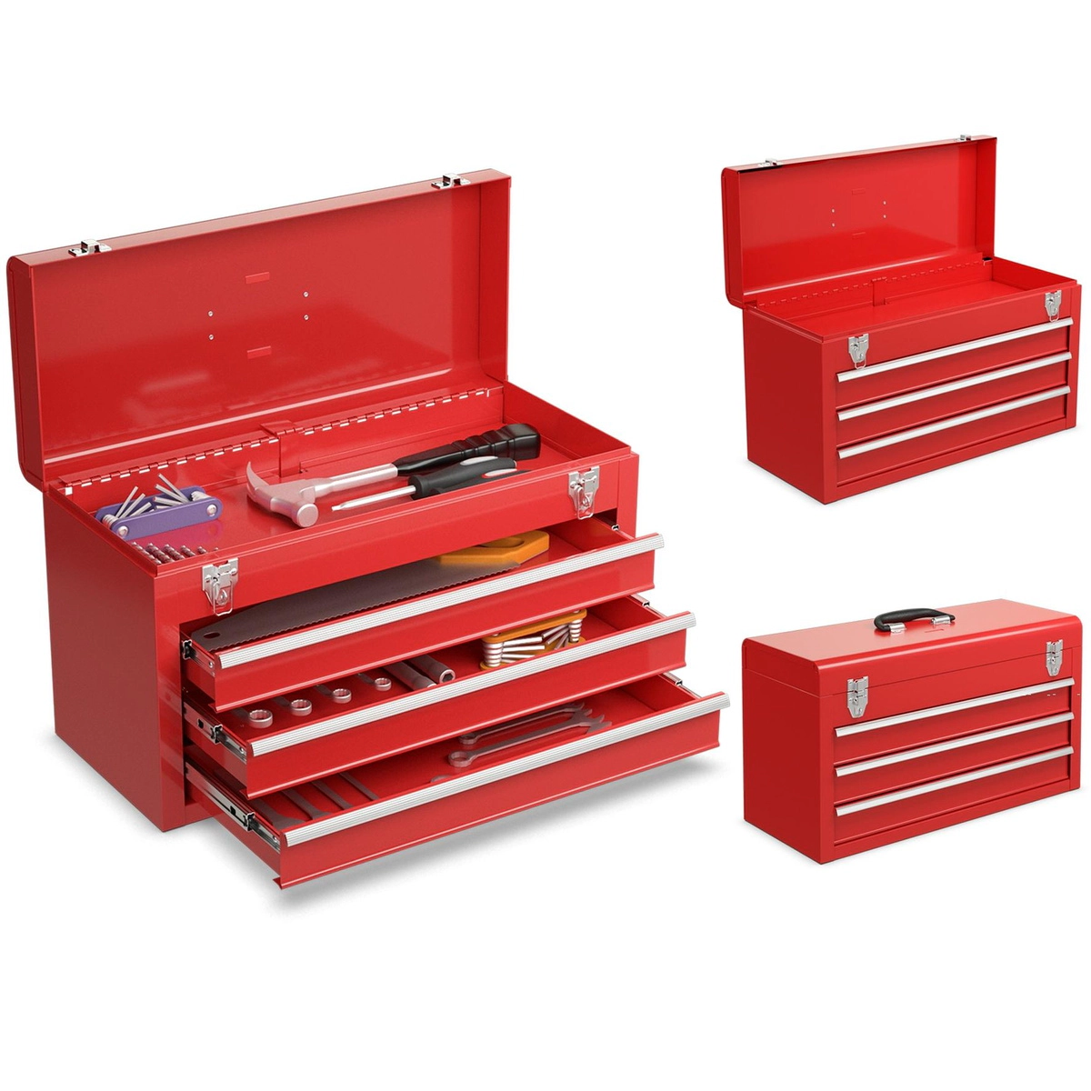 SUGIFT Garage Mechanic Tool Cabinet Box with 3 Drawers 22-lb Drawer Capacity 20.5-in Wide Top Tray Locking Lid Red