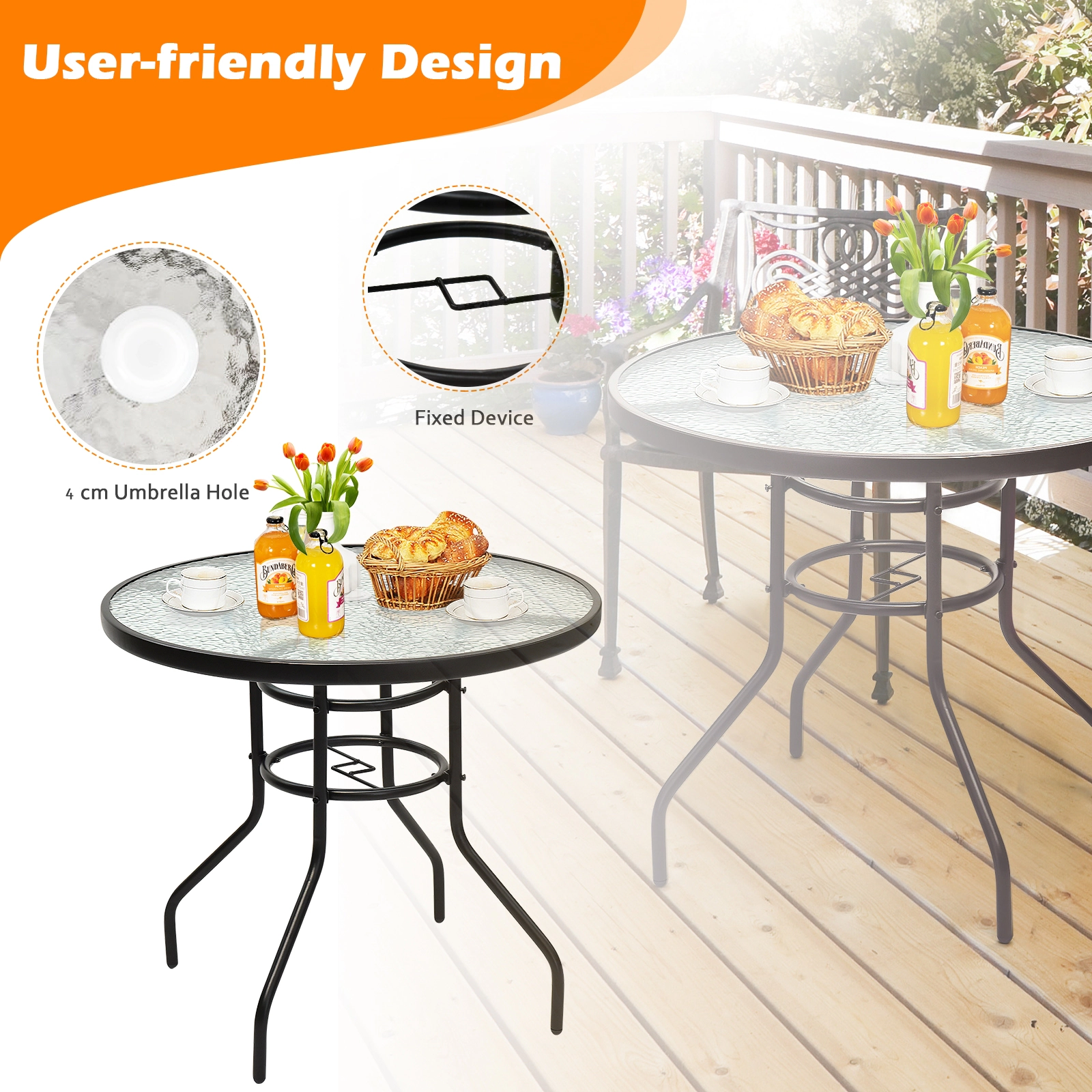 SUGIFT 32-Inch Round Outdoor Patio Dining Table, Tempered Glass Top, Umbrella Hole, Black Steel Frame