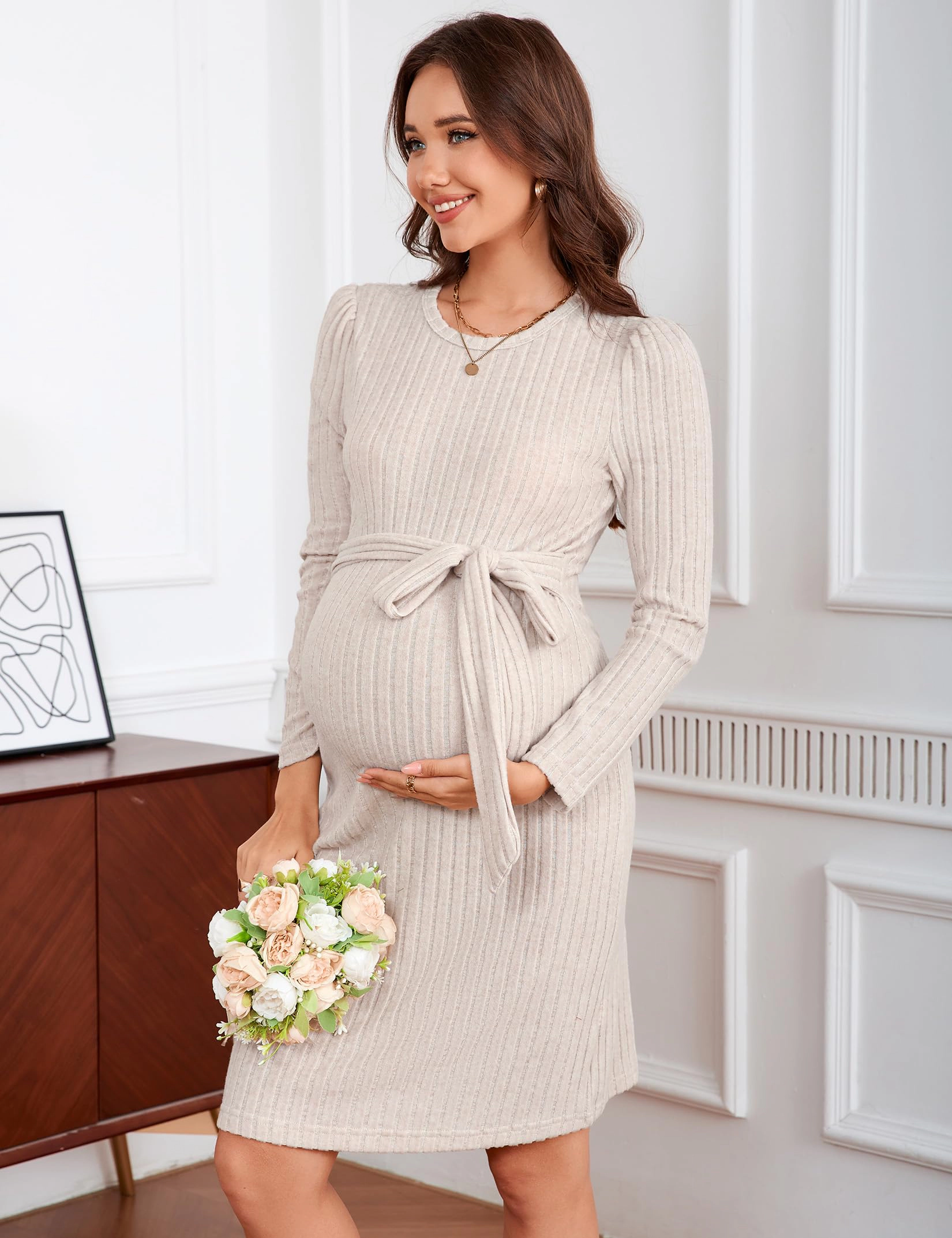 KOJOOIN Women's Maternity Ribbed Long Sleeve Sweater Crew Neck Dress with Belt