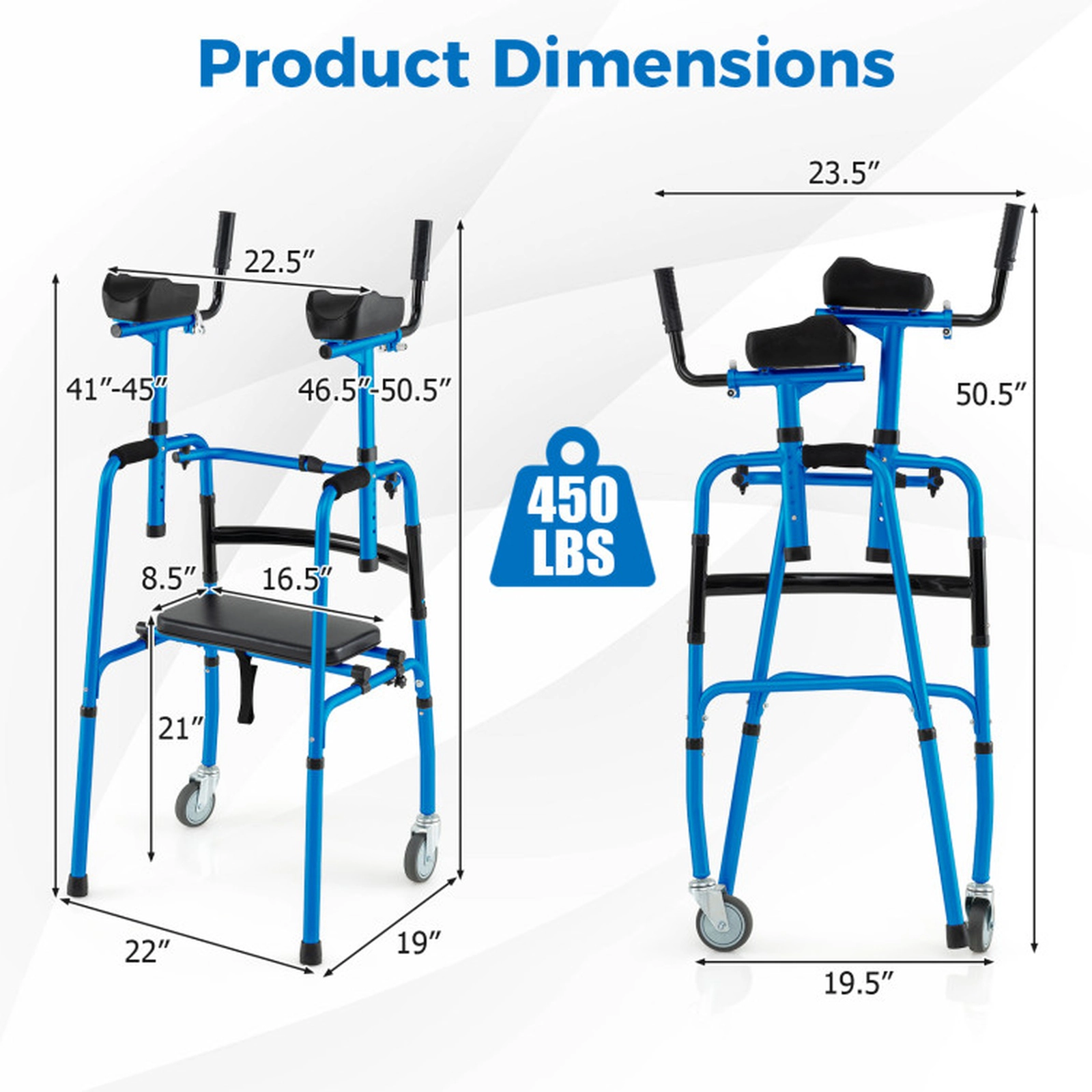 SUGIFT Versatile Rolling Walker with Flip-Up Seat and Adjustable Armrests 450-lb Capacity Silver Navy