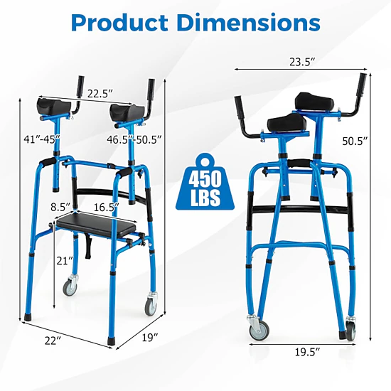 SUGIFT Versatile Rolling Walker with Flip-Up Seat and Adjustable Armrests 450-lb Capacity Silver Navy
