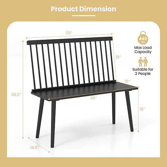 SUGIFT Entryway Bench Black Rubber Wood 2-Seat Bench with Removable Spindle Back