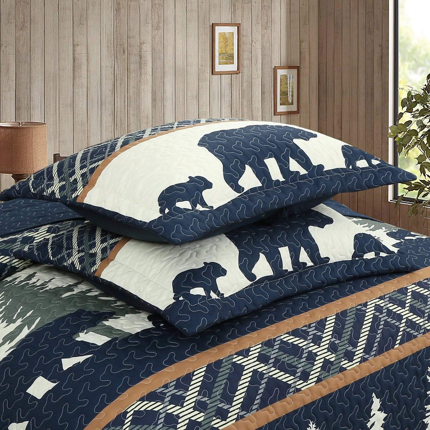 MarCielo 3 Pieces Rustic Cabin Bear Forest Quilt Bedspread Set – Lodge Country Coverlet with 2 Shams