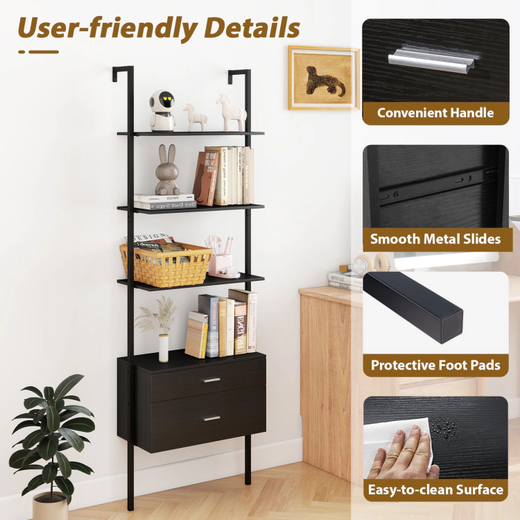 Hivvago 6-Tier Ladder Bookcase with 2 Drawers and Metal Frame