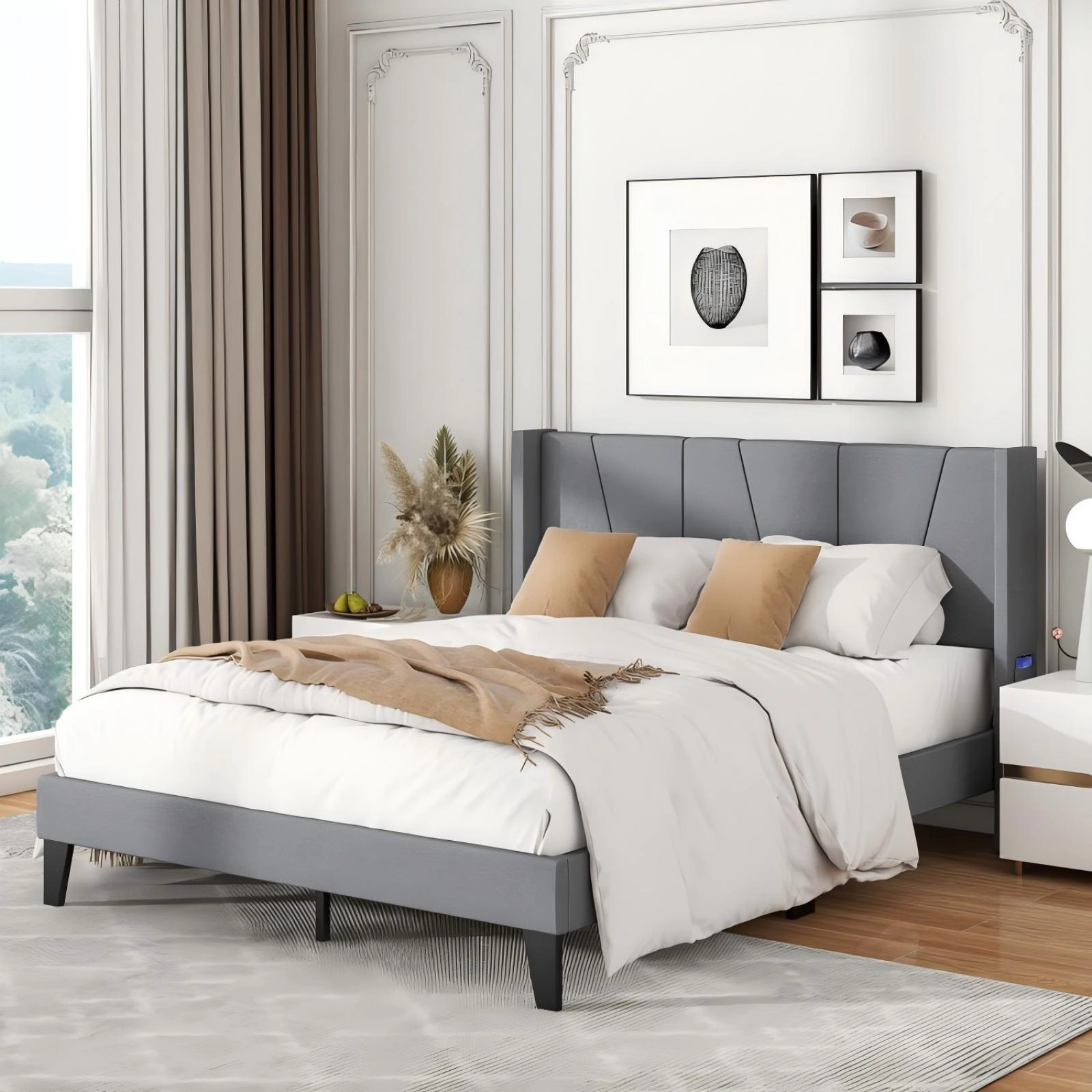 SUGIFT Gray Wingback Headboard and Wood Slat Support Queen Size Upholstered Bed Frame
