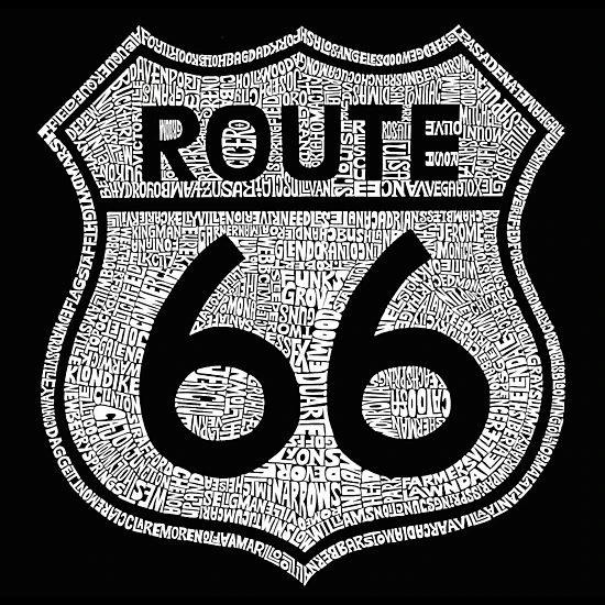 LA Pop Art Men's Route 66 Cities Word Art T-Shirt, Short Sleeve Crew Neck