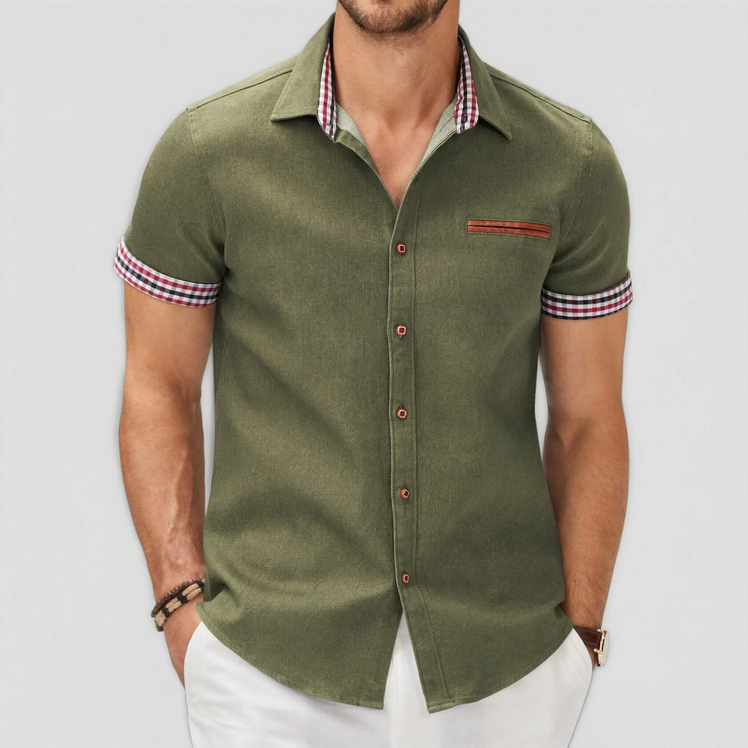 COOFANDY Mens  Short Sleeve Button Down Shirt Lapel Collar Plaid Casual Tops