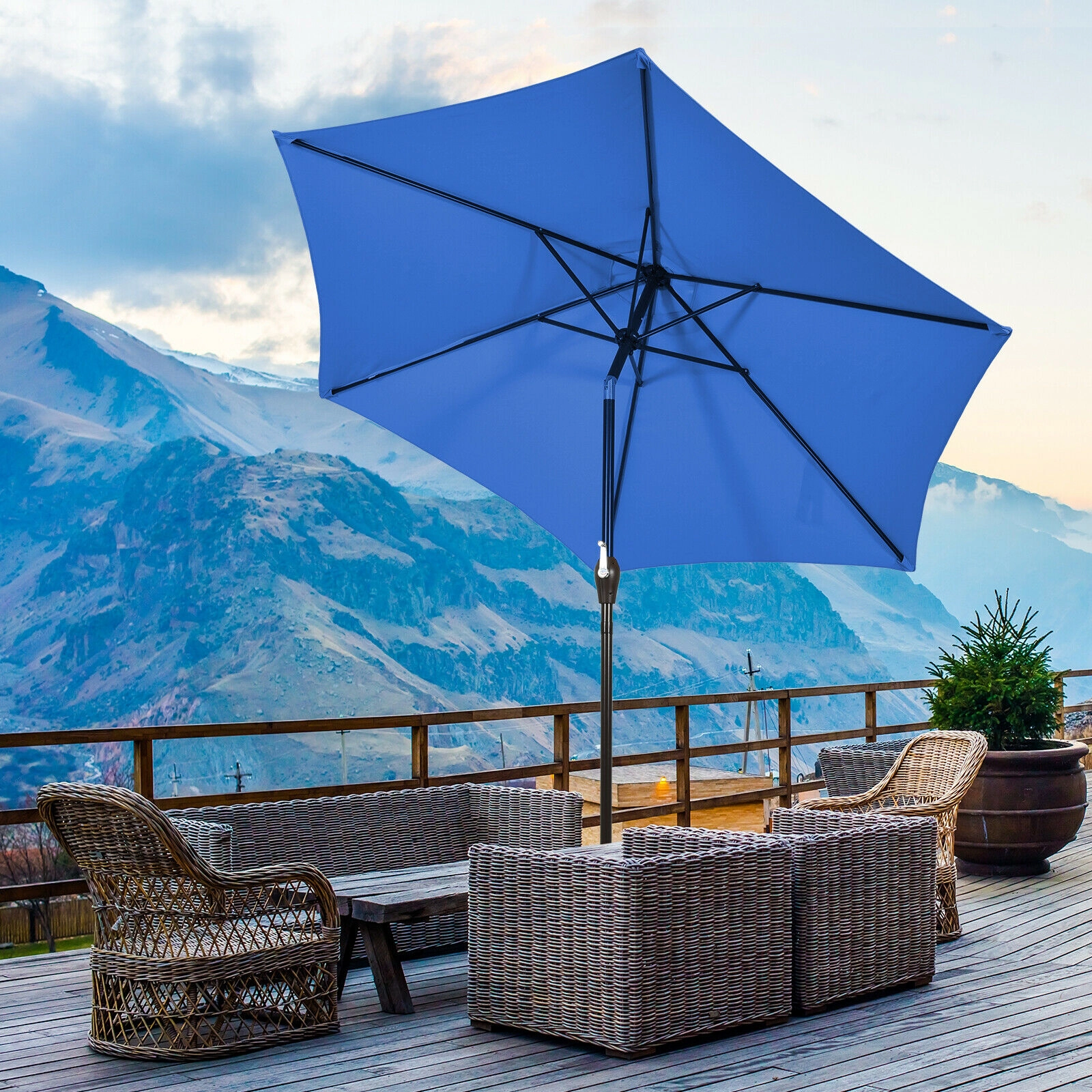 SUGIFT 9-ft Blue Market Table Patio Umbrella with Push Button Tilt Crank Lift 8 Ribs and 1.5-in Iron Pole