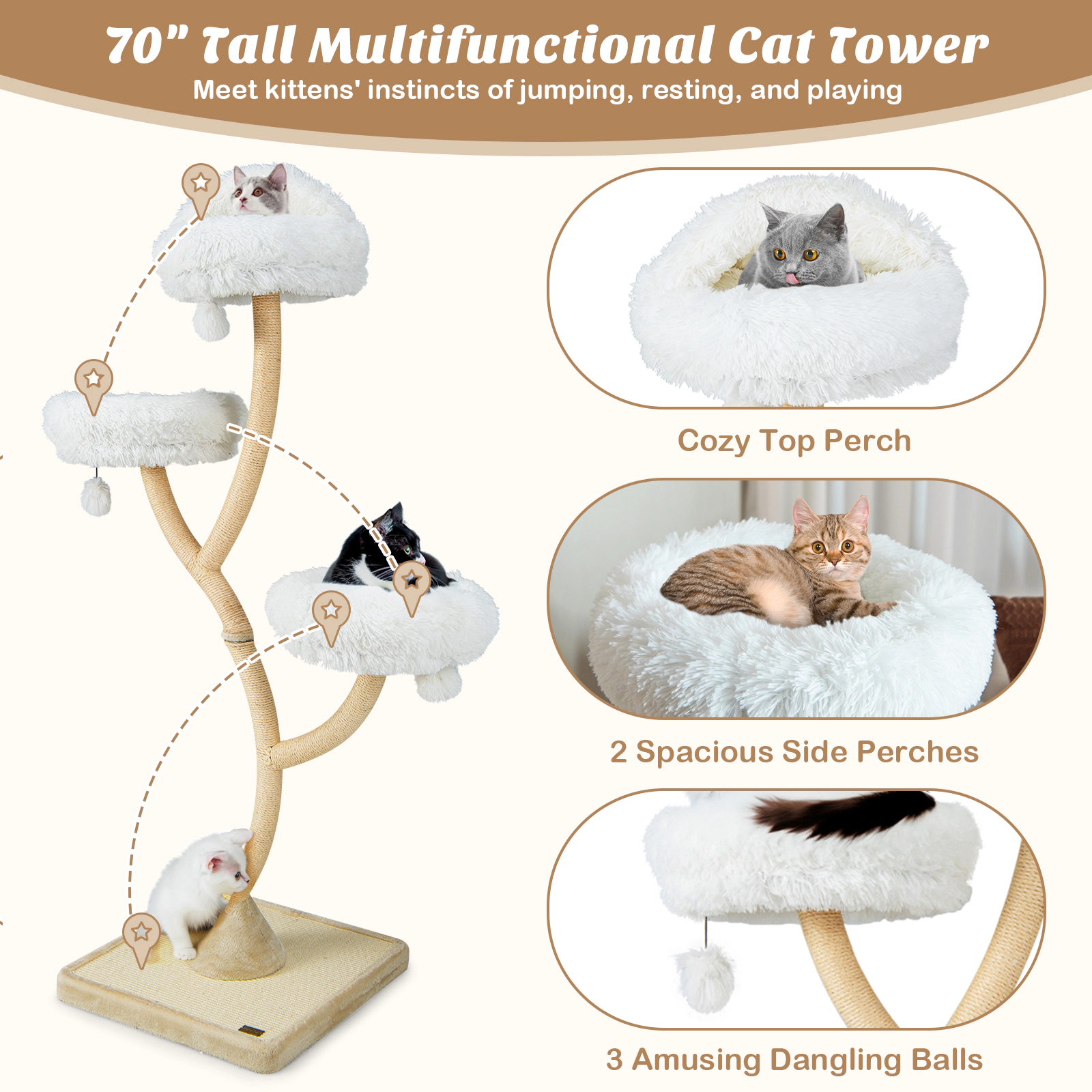 SUGIFT 70-in Tall Cat Tree Tower with Curved Metal Frame Three 16-in Round Perches and Sisal Posts
