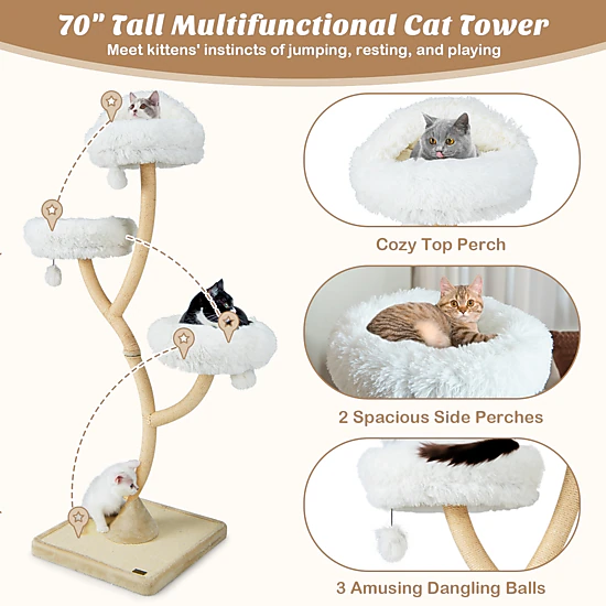 SUGIFT 70-in Tall Cat Tree Tower with Curved Metal Frame Three 16-in Round Perches and Sisal Posts