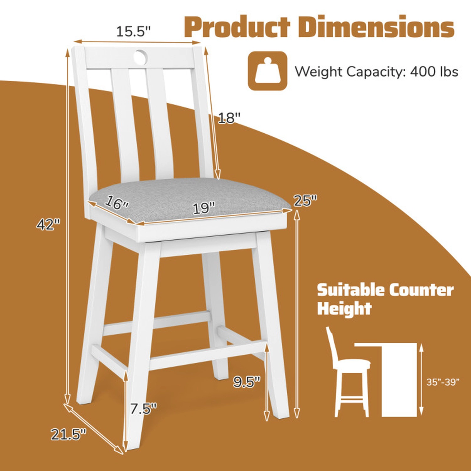 SUGIFT Modern Counter-Height Swivel Bar Stools with Upholstered Seat 400-lb Capacity 25-in Seat Height Gray+White