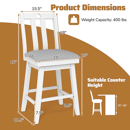 SUGIFT Modern Counter-Height Swivel Bar Stools with Upholstered Seat 400-lb Capacity 25-in Seat Height Gray+White