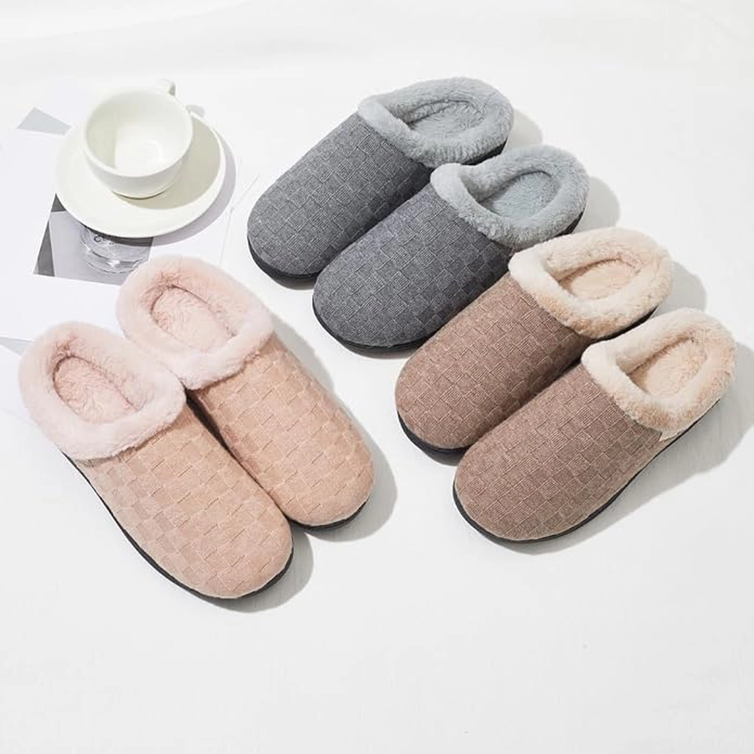 Women’s Woven Knit Fleece Clog Slippers, Cozy Plush Faux Fur Lined Memory Foam House Shoes