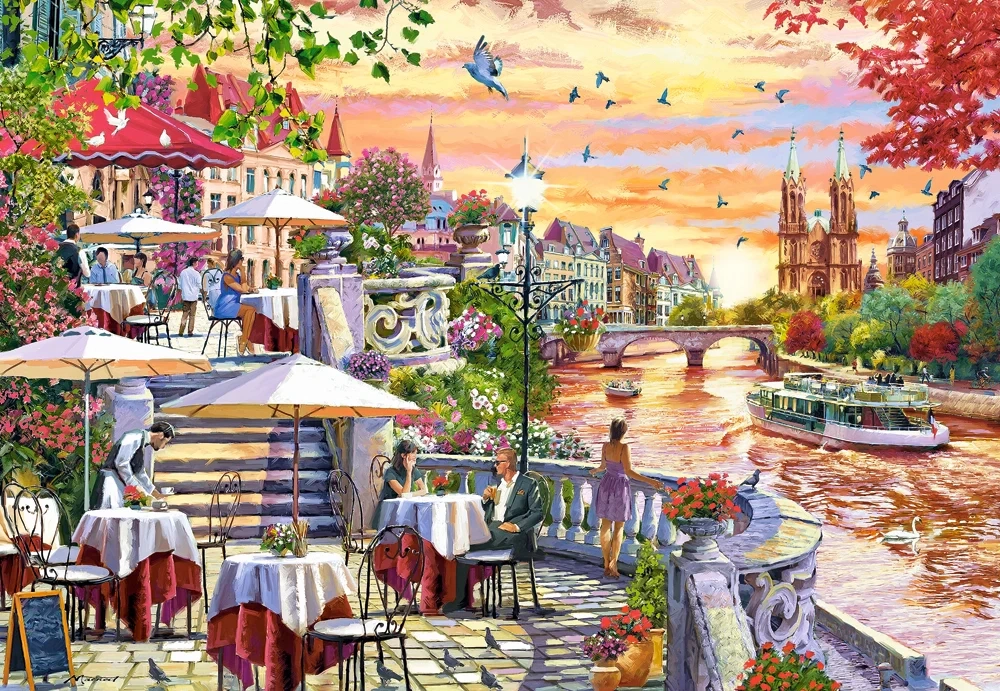 CASTORLAND 1000 Piece Jigsaw Puzzles, Romantic City Sunset, charming riverside terrace, painterly landscape, C-104956-2