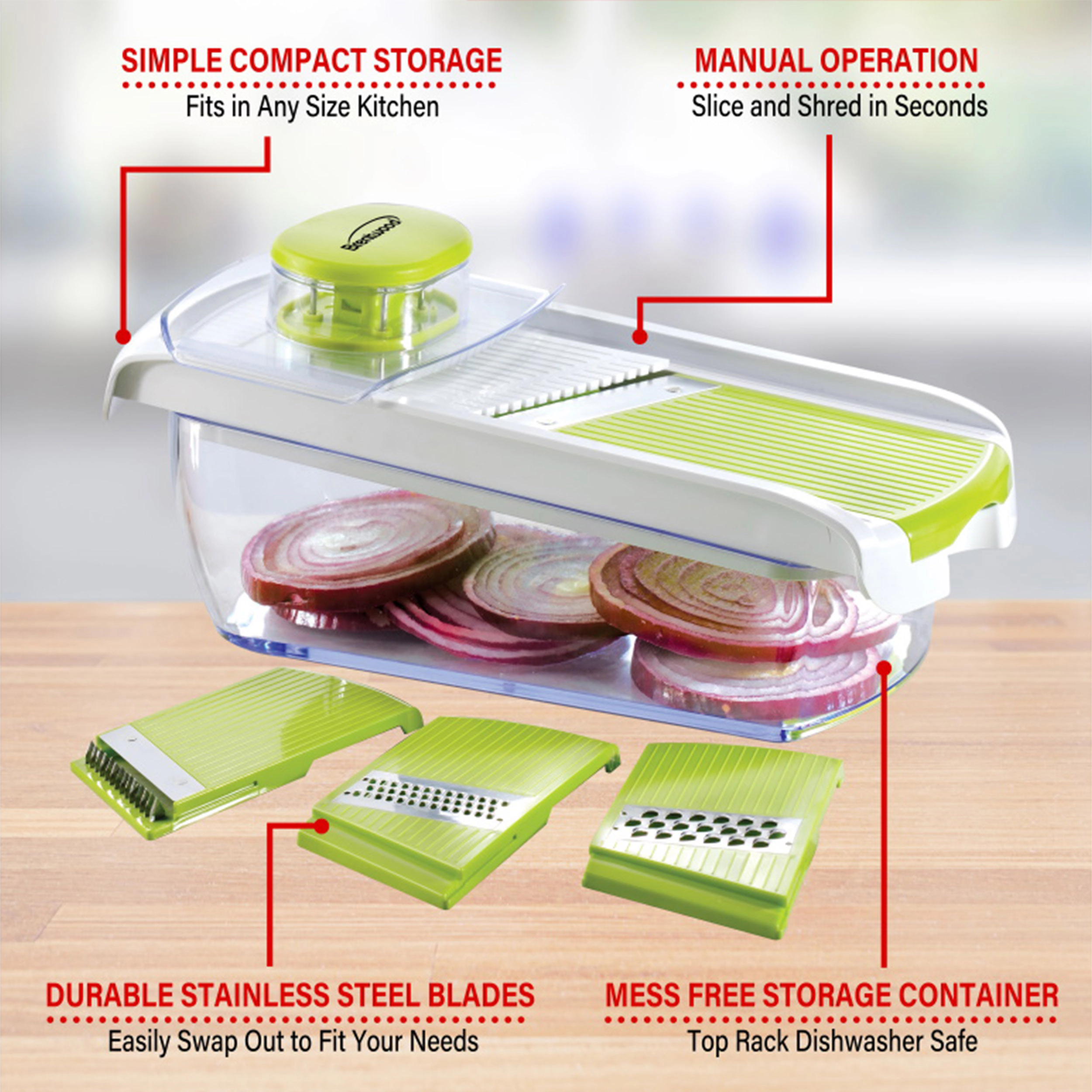 Brentwood Mandollin Slicer with 5 Cup Storage Container and 4 Interchangeable Stainless Steel Blades in Green