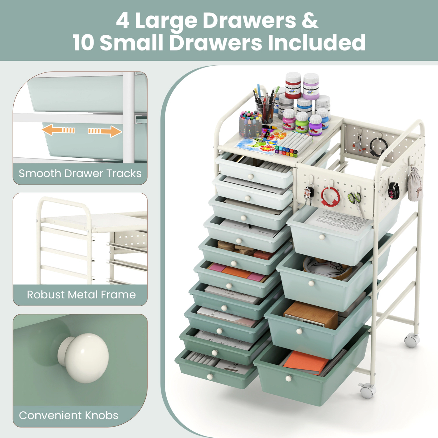 LJG 14-Drawer Rolling Storage Cart with Metal Tabletop and Pegboard