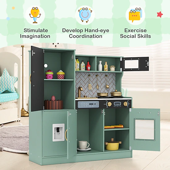 SUGIFT Pink Wooden Kids Kitchen Playset with Dishwasher Microwave and Cooking Utensils 36-in W 39-in H