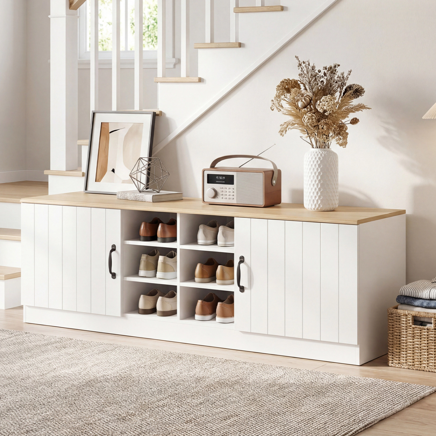 LJG 2-Door Shoe Bench Storage Cabinet with Adjustable Shelves