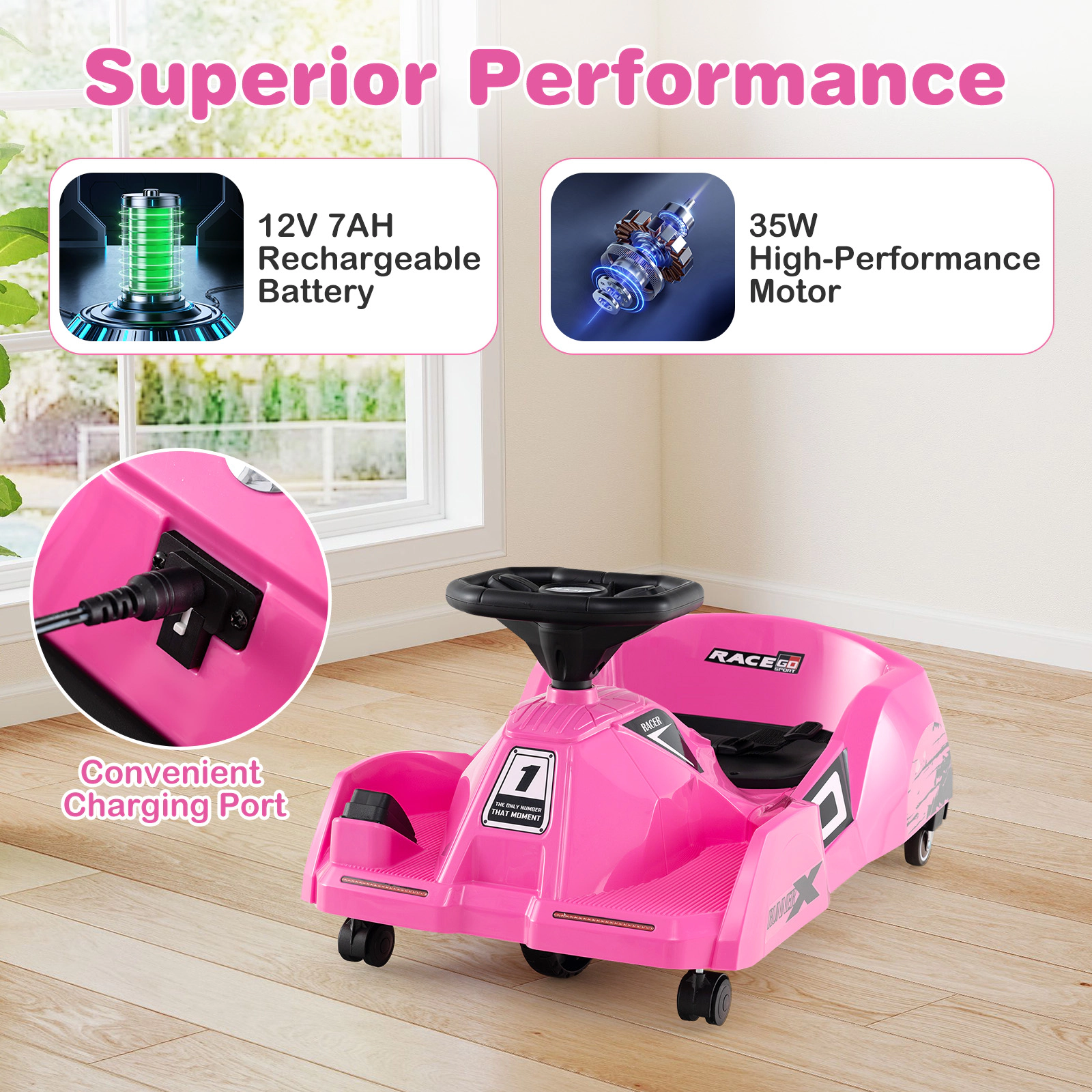 SUGIFT Pink Detachable Mop and Remote Control 12V Kids Electric Cleaning Go Kart