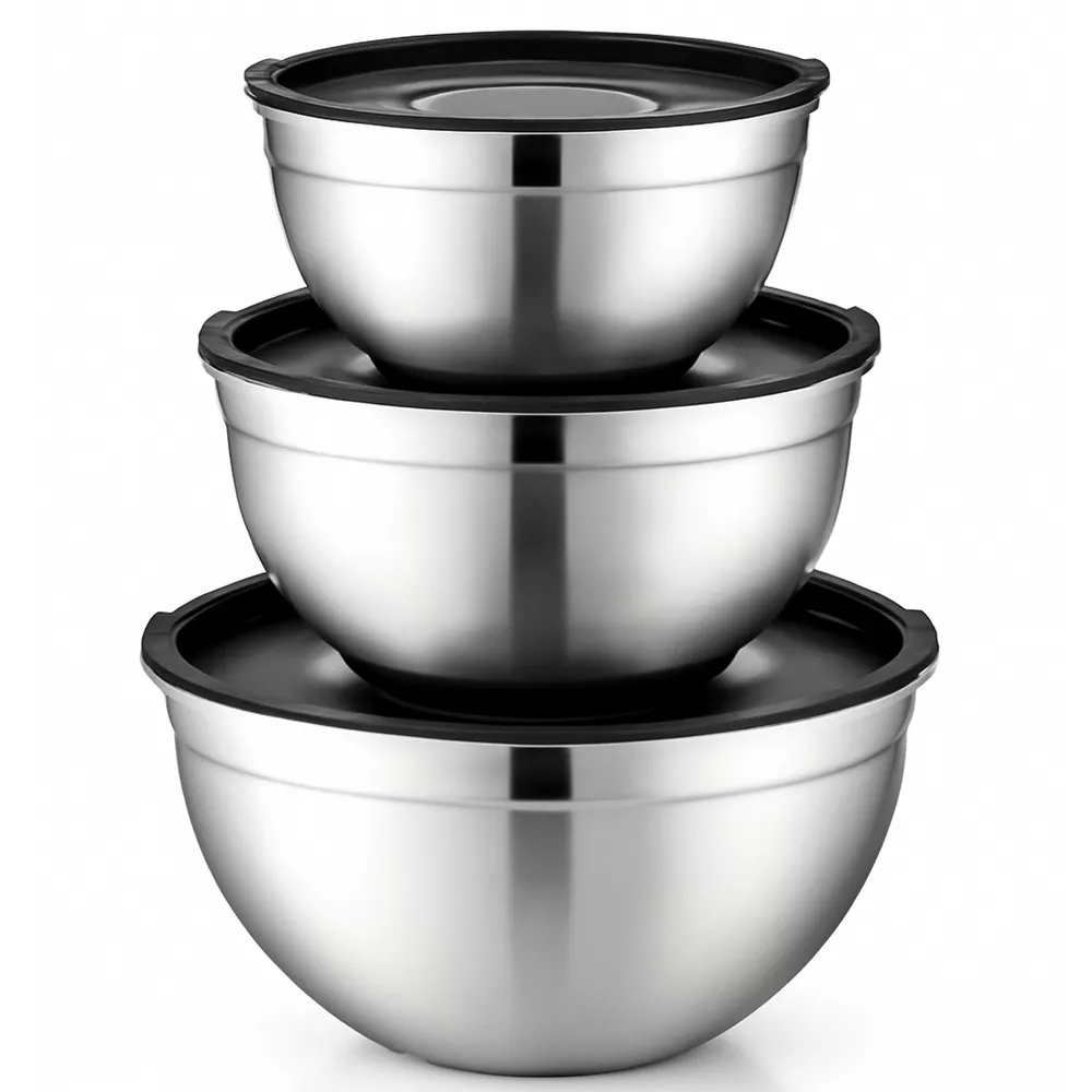 Luminuxe Stainless Steel Mixing Bowls w/ Lids, Set of 3 Durable Rust Resistant Nonslip Nesting Bowls for Cooking, Baking