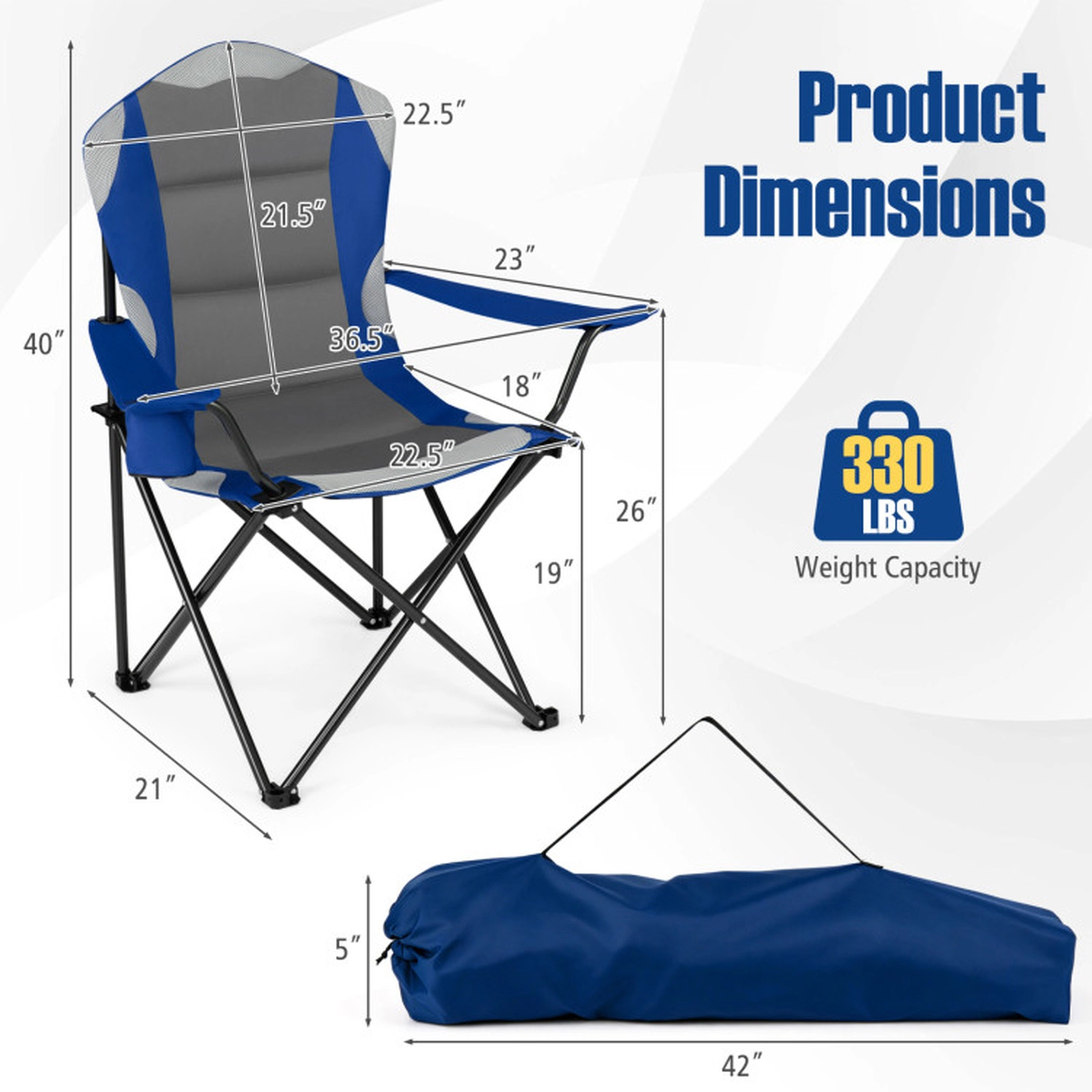 SUGIFT 2 Pieces Folding Camping Chairs for Adults with Cup Holders 330-lb Capacity 36.5-in Tall Navy Blue and Gray