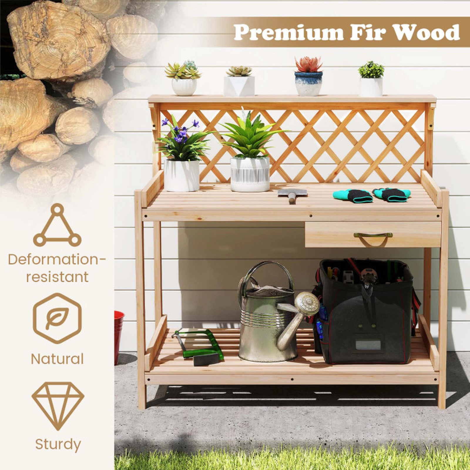 SUGIFT Natural Wood Potting Bench with Lattice Trellis and Drawer 35.5-in W 34.5-in H 176-lb Tabletop Capacity