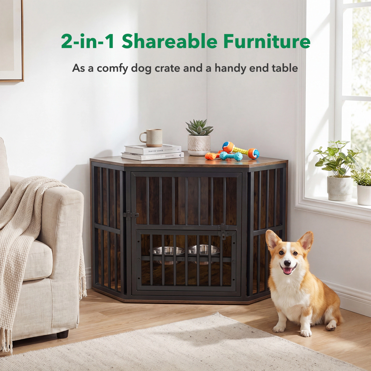 SUGIFT 35.5 in Dog Kennel End Table Rustic Brown with 3-Position Dog Bowl Rack and Corner Shape
