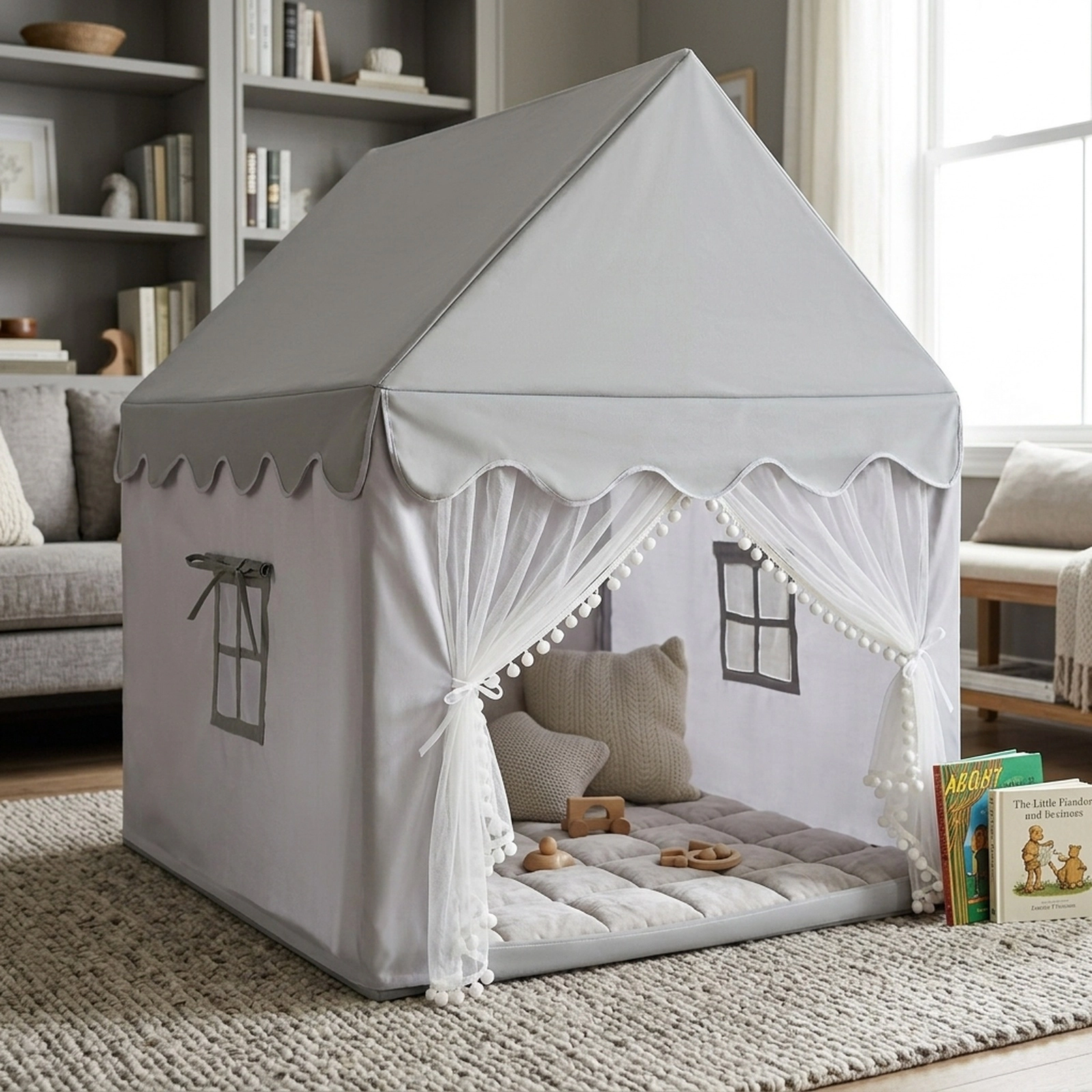 Kids Play Tent Indoor Castle Playhouse with Thick Cotton Mat and Mesh Door 47-in x 41-in x 55-in Gray