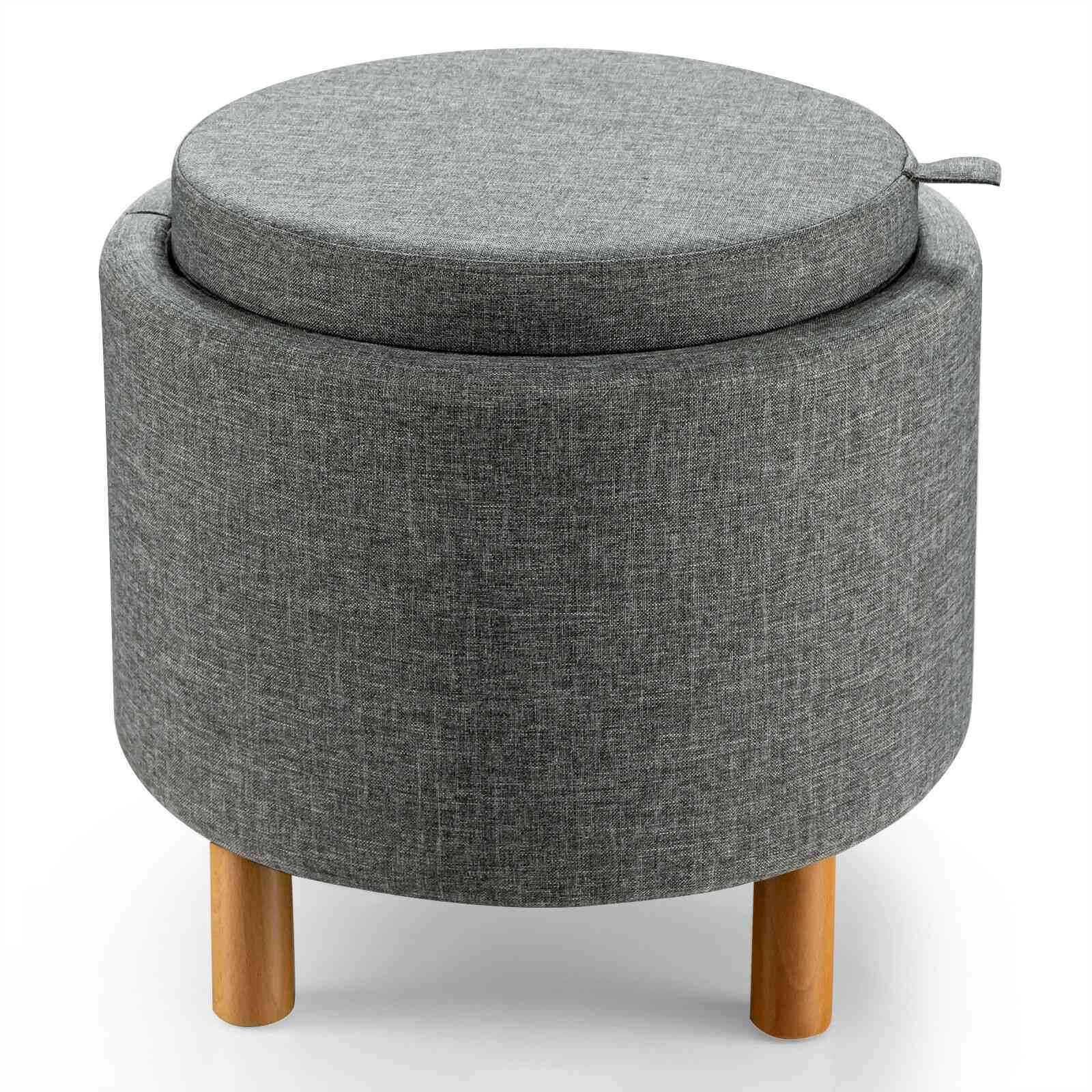 LJG Round Fabric Storage Ottoman with Tray and Non-Slip Pads for Bedroom
