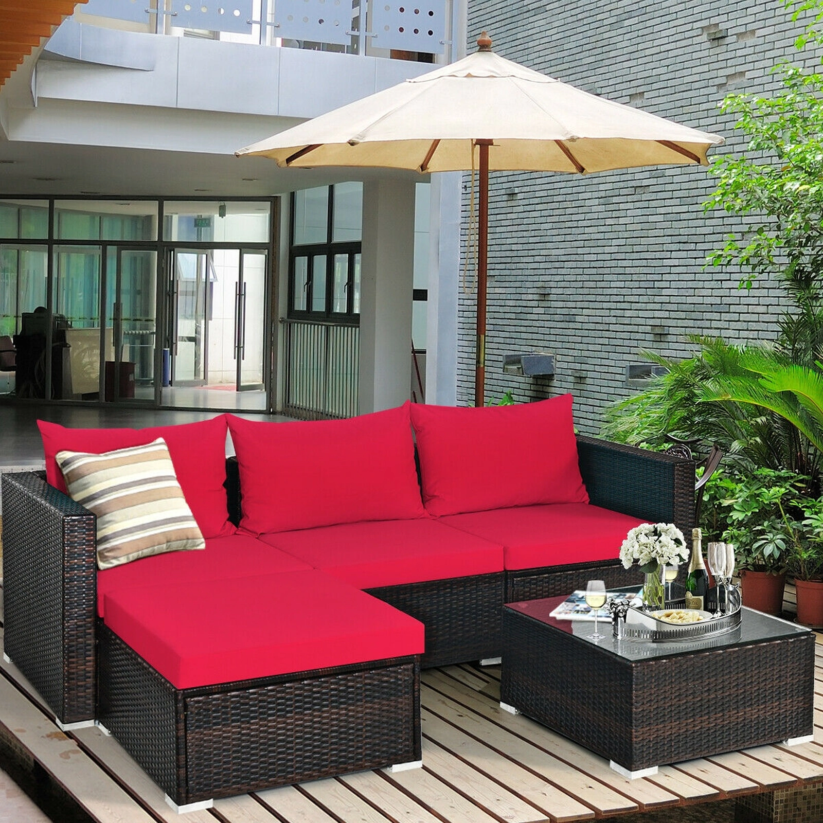 SUGIFT 5 Piece Patio Rattan Sectional Set Red with Ottoman and Tempered Glass Coffee Table