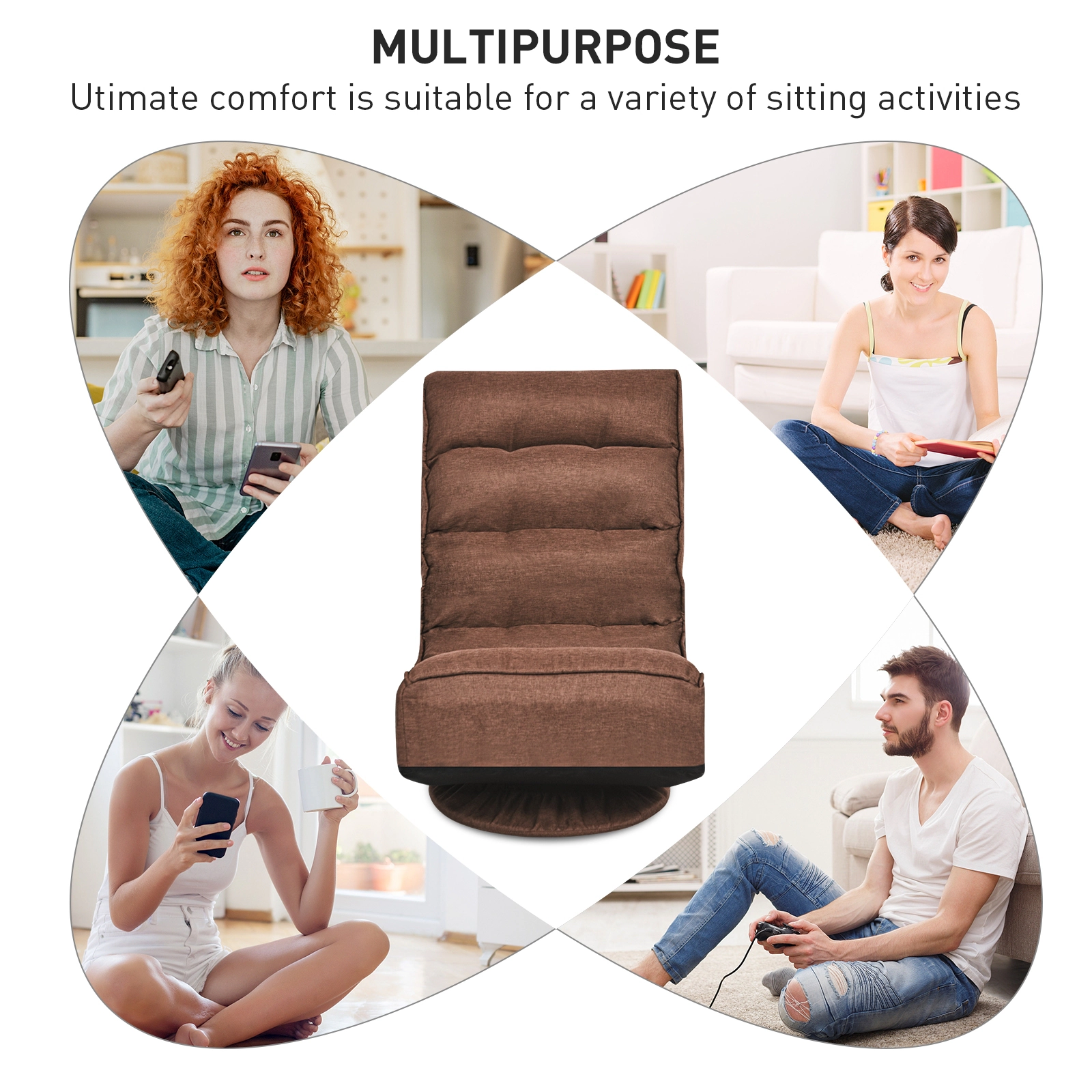 SUGIFT Rustic Brown Folding Floor Gaming Chair, 360-Degree Swivel, 5-Position Backrest, 300-Lb Capacity