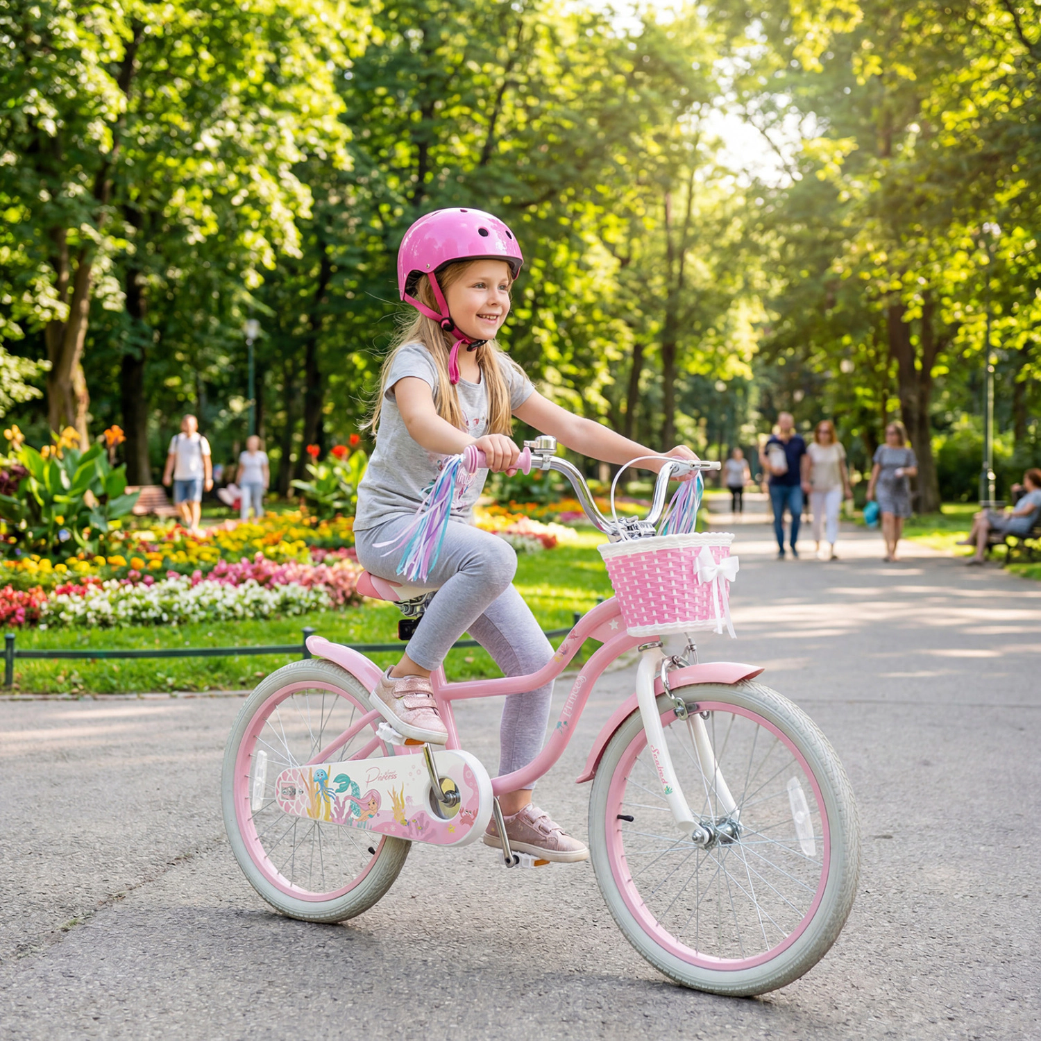 LJG Kids Bike Adjustable with Basket and Streamers Pink - Princess of the Sea Theme