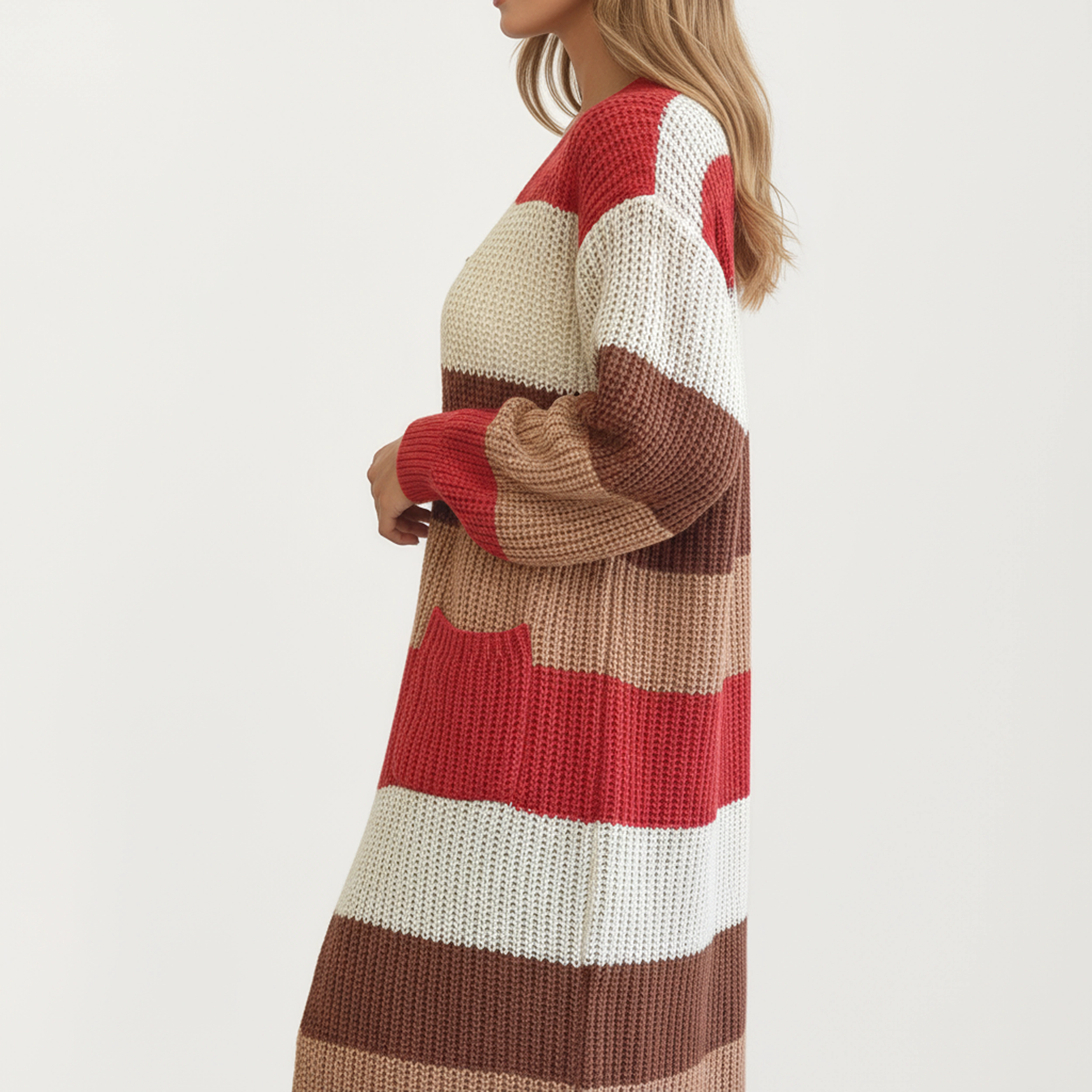 Anna-Kaci Women's Long Sleeve Open Front Knit Cardigan with Bold Color Block Stripes Design
