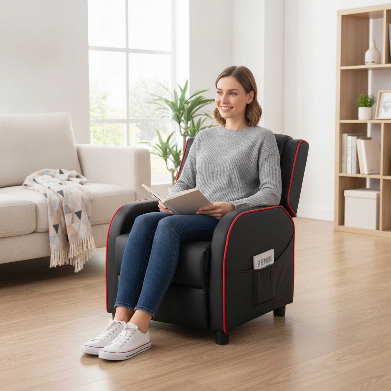 SUGIFT Kids Recliner Chair, 160° Reclining Seat with Adjustable Footrest, Side Pockets, Red PU Leather