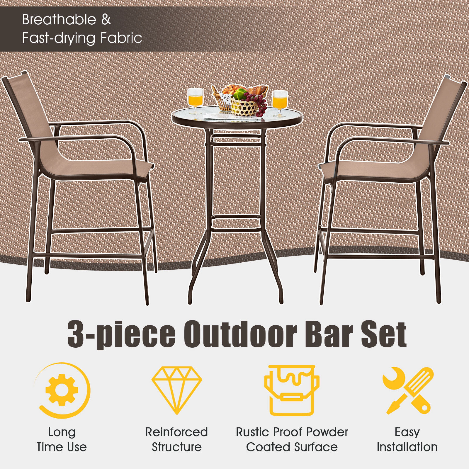 SUGIFT Brown Tempered Glass Top and Footrests 3-Piece Outdoor Bar Table and Stool Set