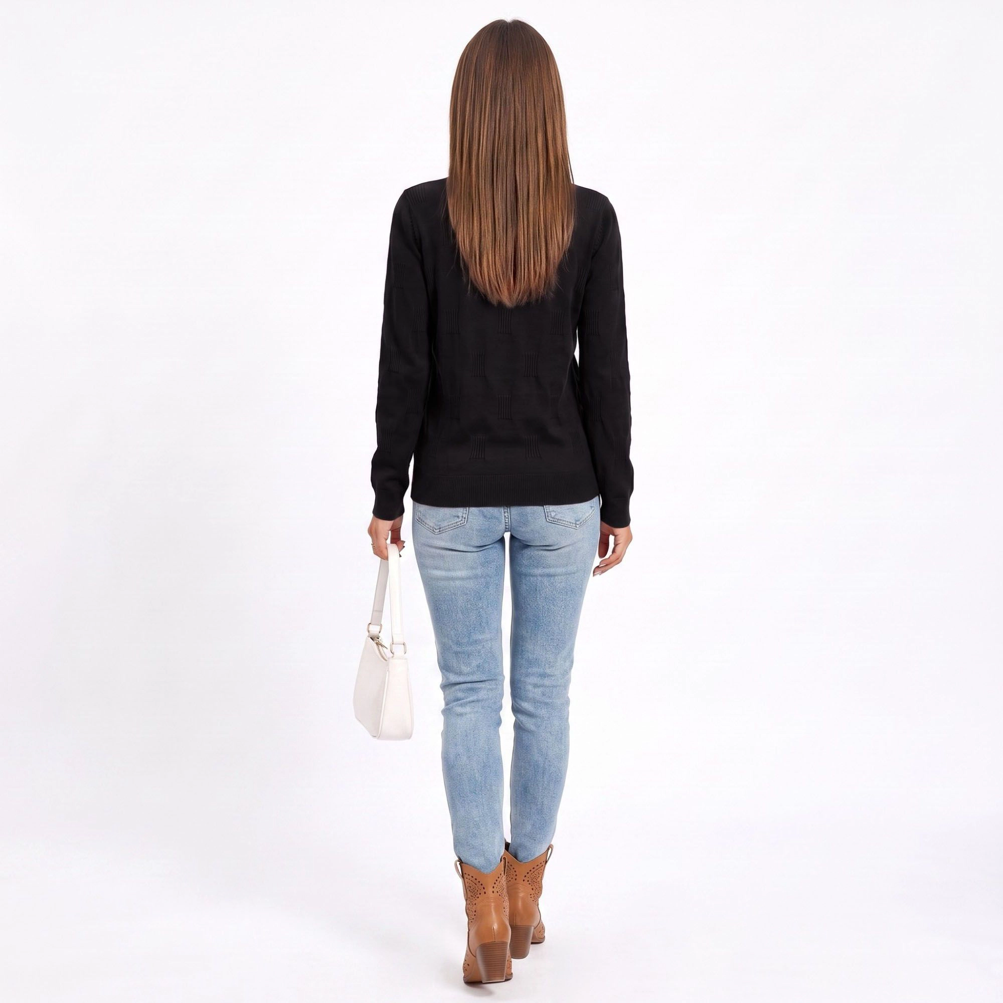 Anna-Kaci Women's Textured Geometric Crew Neck Long Sleeve Knit Sweater