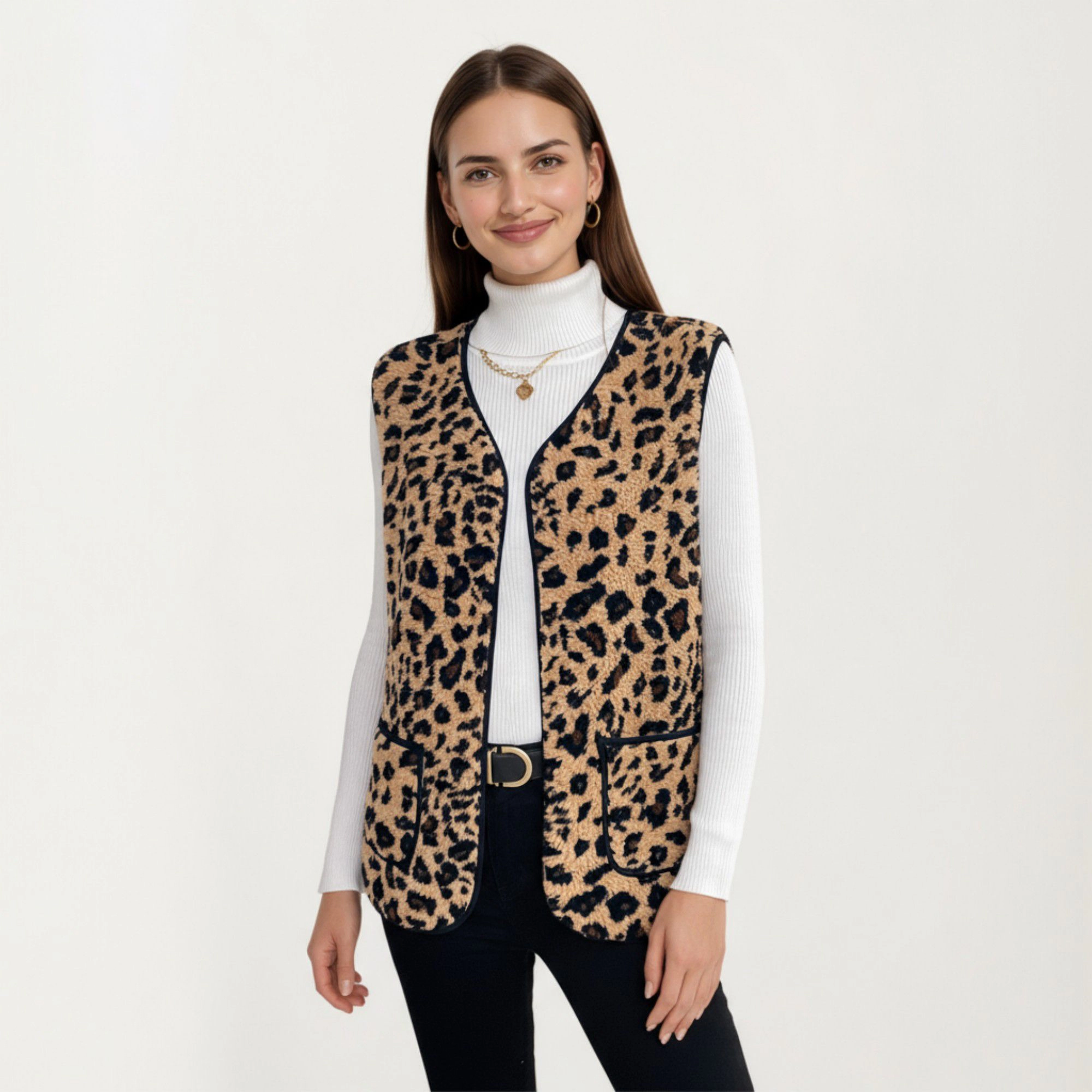 Anna-Kaci Women's Leopard Print Open Front Vest with Contrast Trim and Pockets