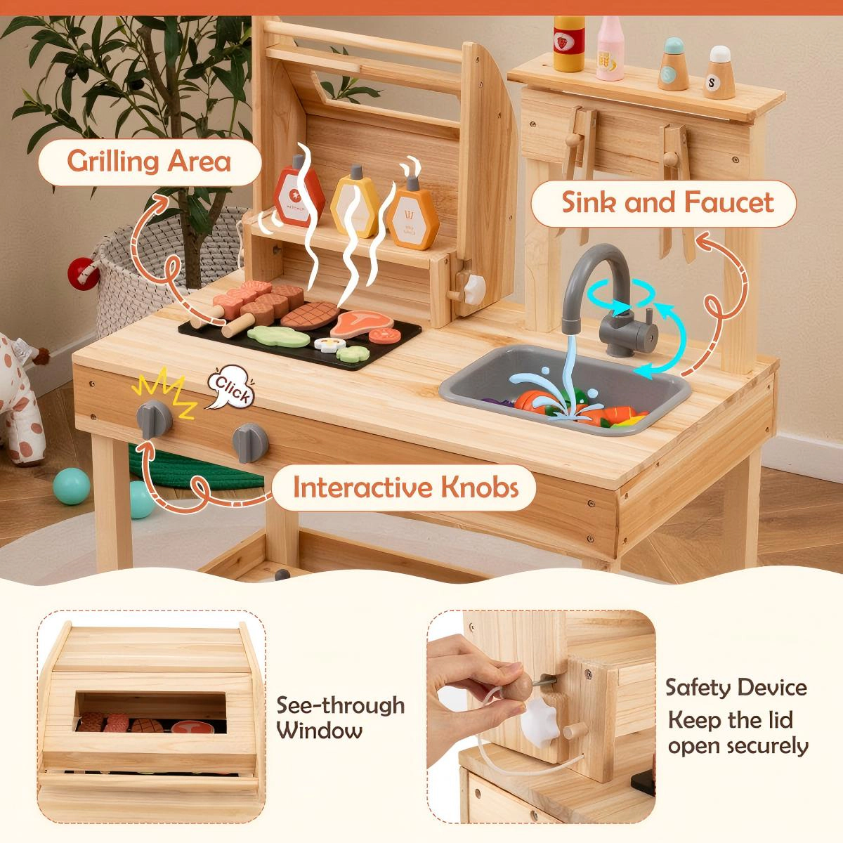 SUGIFT Kids Wooden Barbecue Grill Playset with 25 Play Food and BBQ Accessories Open Shelves and Lid Stopper