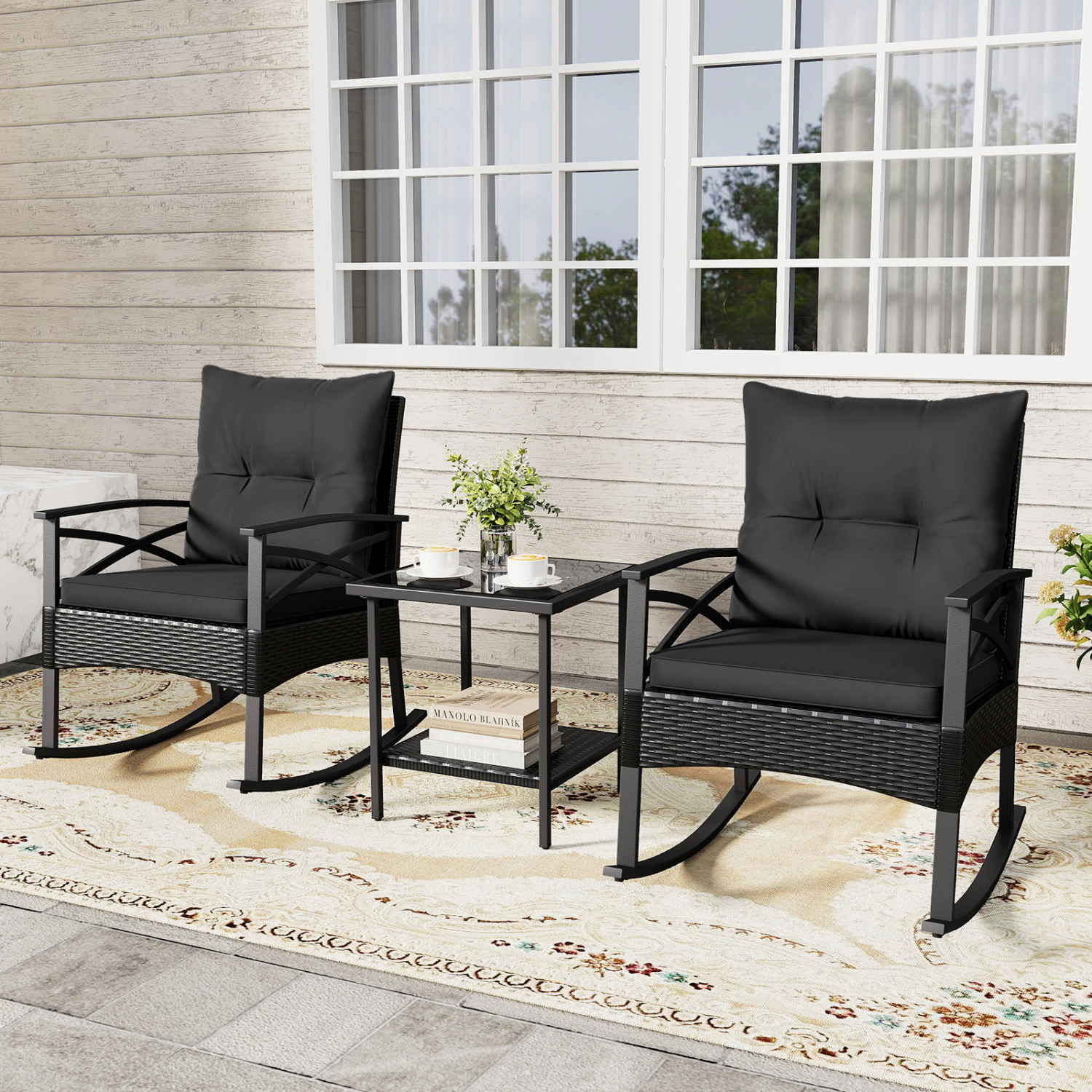 LJG 3 Pieces Outdoor Rattan Rocking Chairs Set with 2-Tier Side Table for Garden Backyard